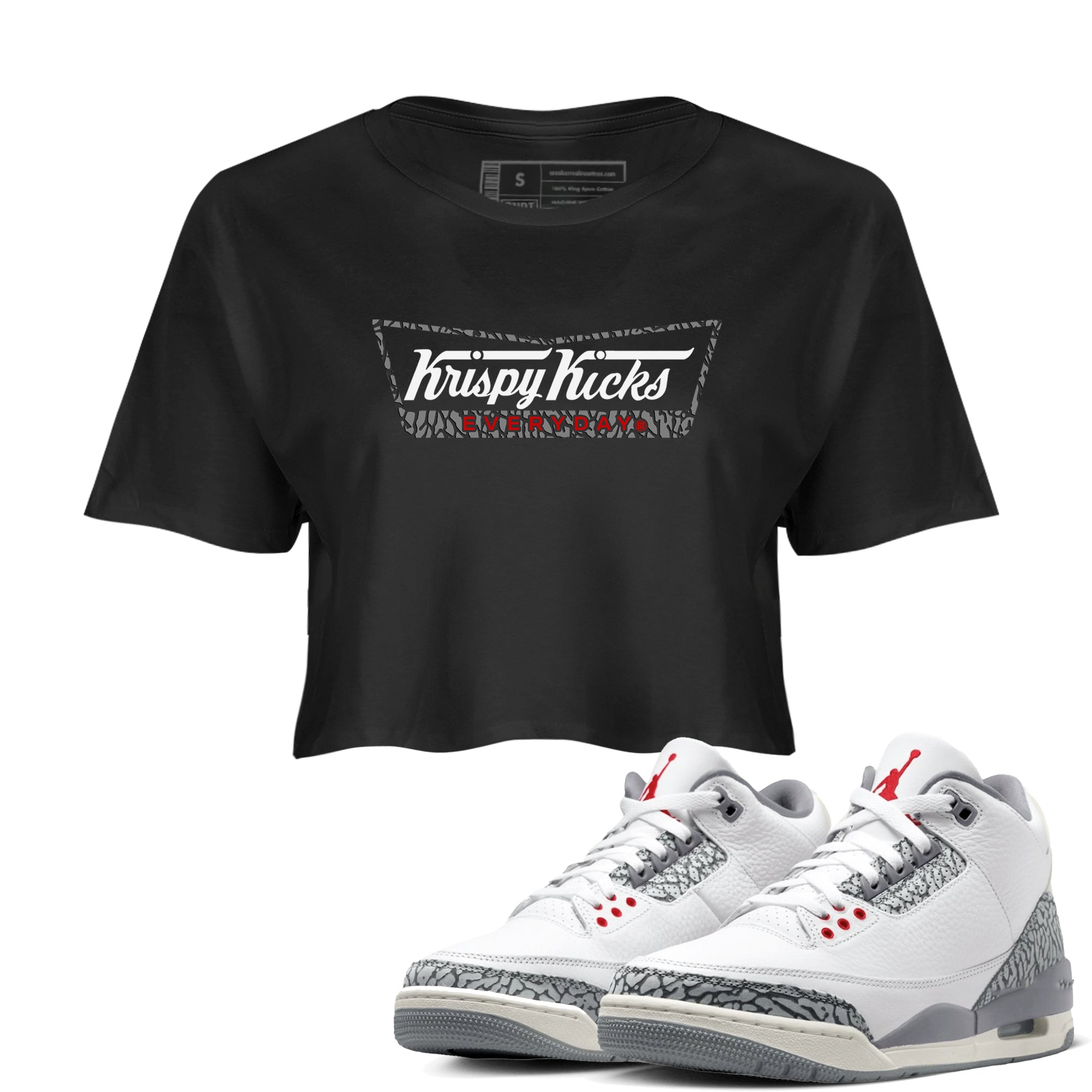 AJ3 Cement Grey shirts to match jordans Krispy Kicks sneaker match tees Air Jordan 3 Cement Grey SNRT Sneaker Tees streetwear brand Black 1 crop tee