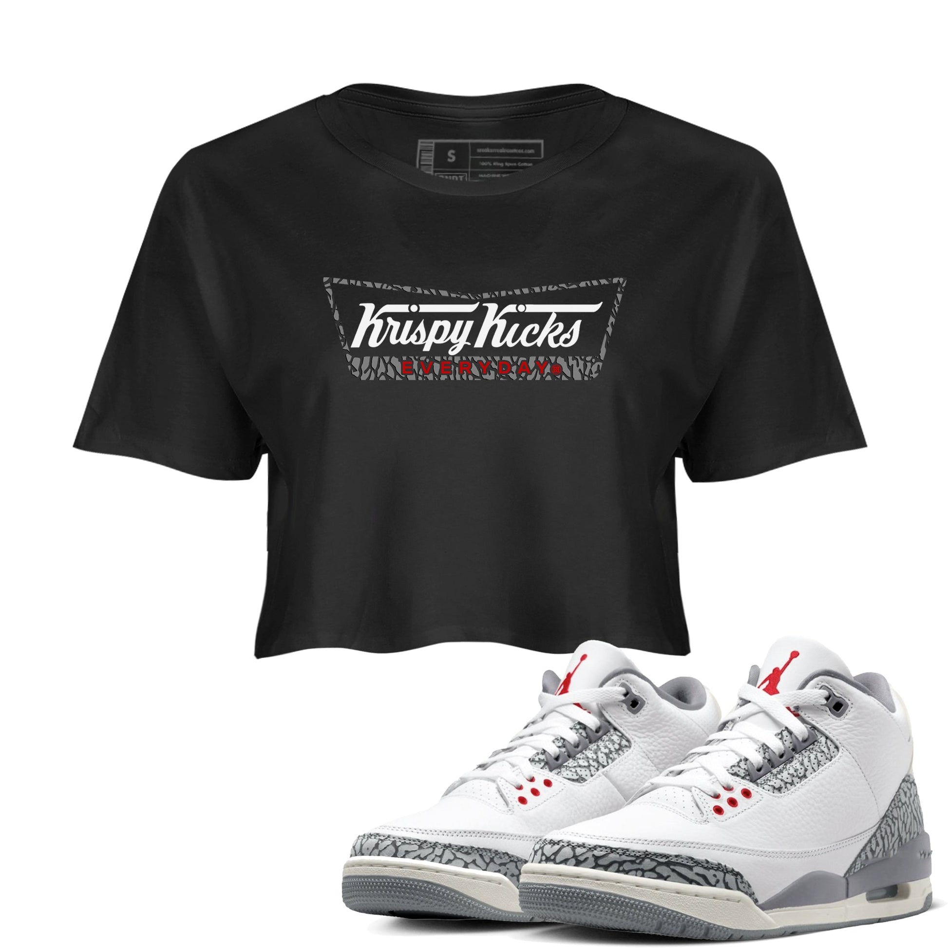 AJ3 Cement Grey shirts to match jordans Krispy Kicks sneaker match tees Air Jordan 3 Cement Grey SNRT Sneaker Tees streetwear brand Black 1 crop tee