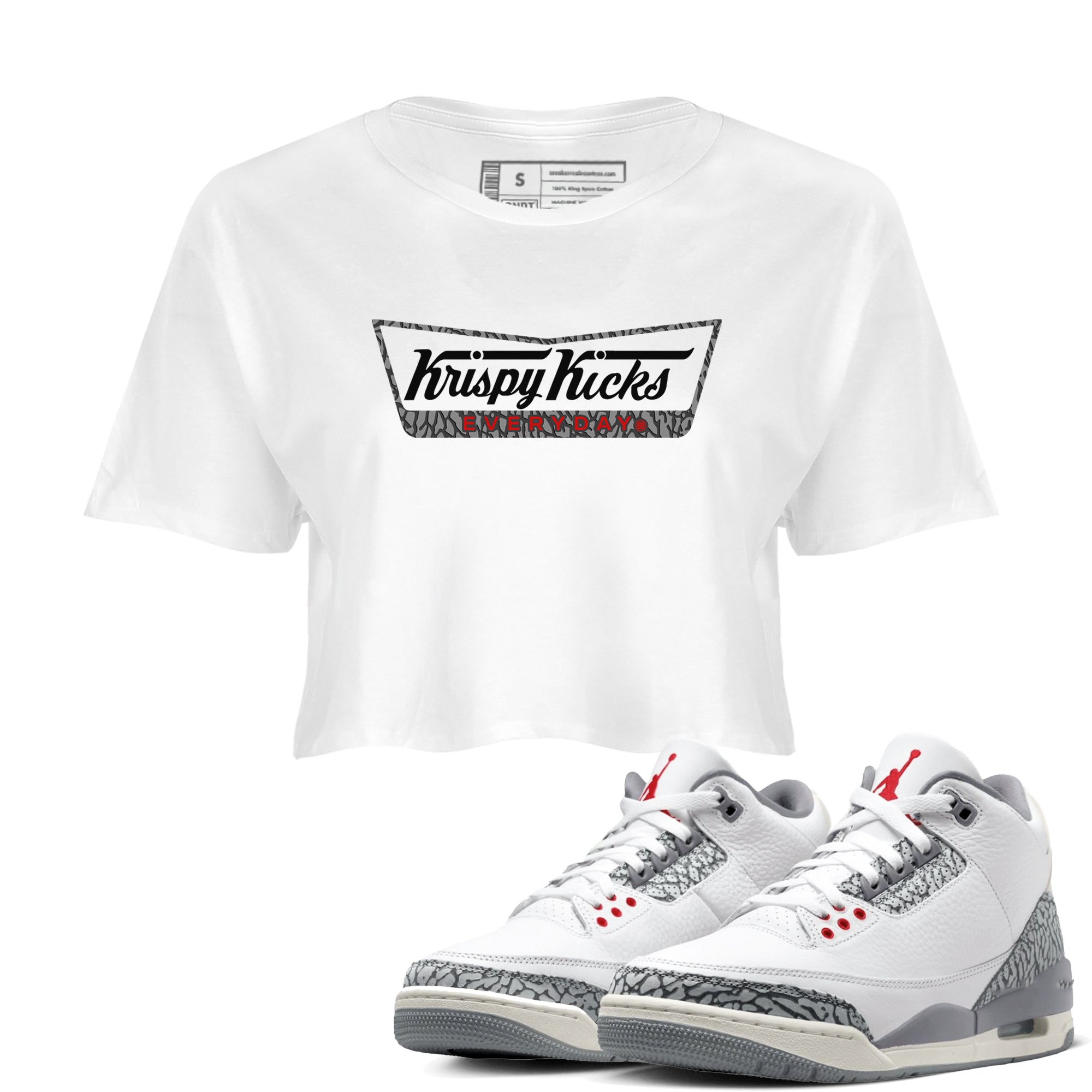 AJ3 Cement Grey shirts to match jordans Krispy Kicks sneaker match tees Air Jordan 3 Cement Grey SNRT Sneaker Tees streetwear brand White 1 crop tee