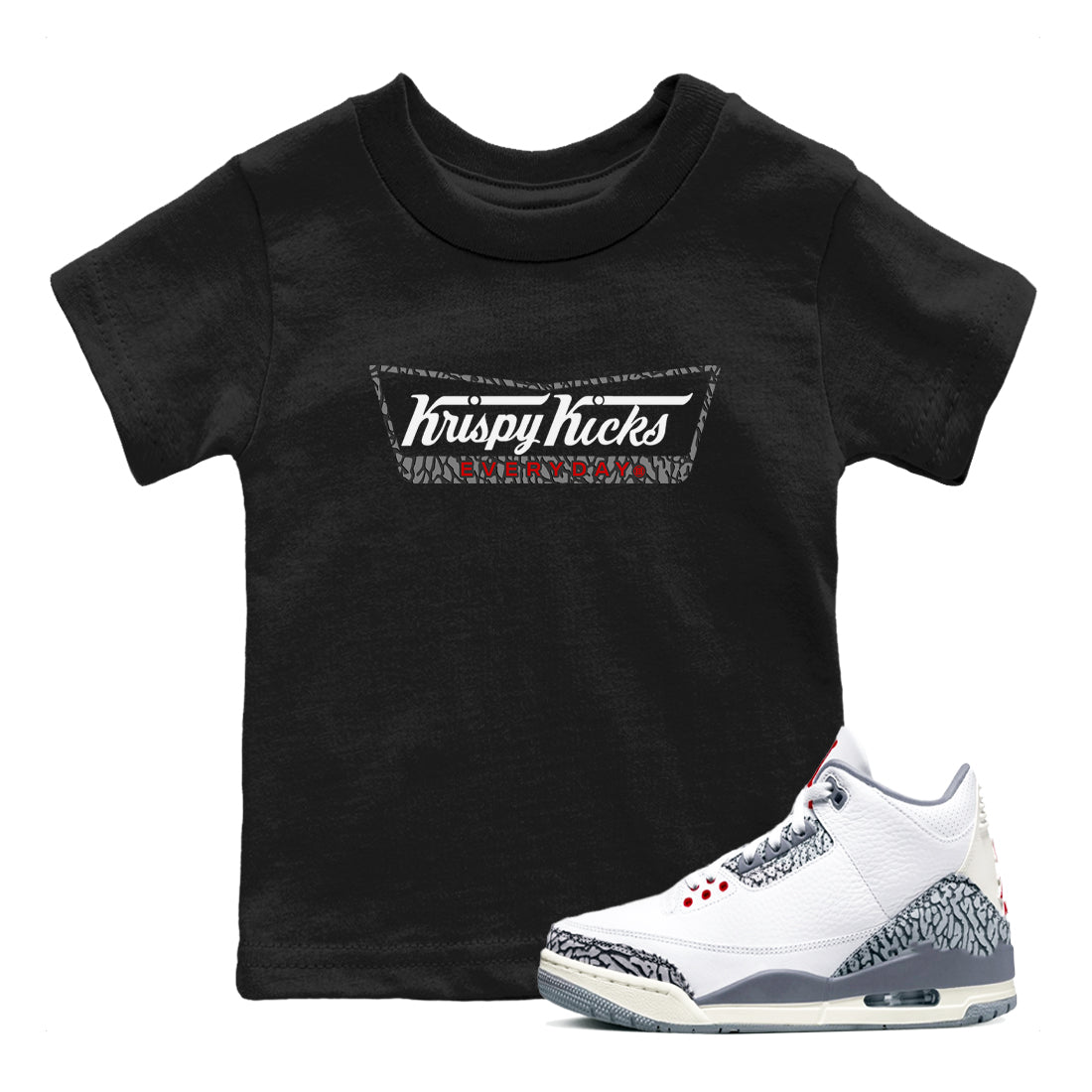 AJ3 Cement Grey shirts to match jordans Krispy Kicks sneaker match tees Air Jordan 3 Cement Grey SNRT Sneaker Tees streetwear brand Baby and Youth Black 1 cotton tee