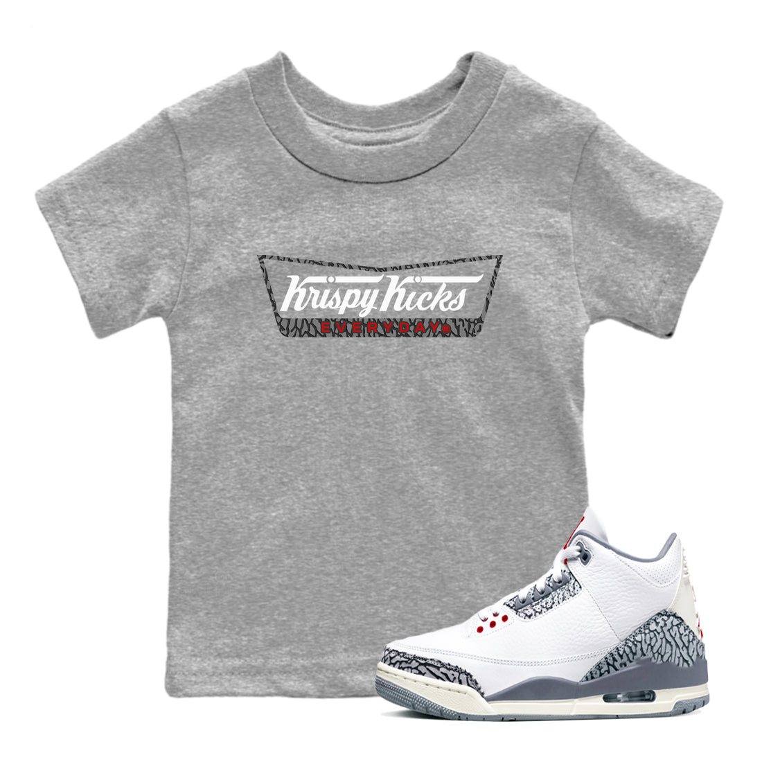 AJ3 Cement Grey shirts to match jordans Krispy Kicks sneaker match tees Air Jordan 3 Cement Grey SNRT Sneaker Tees streetwear brand Baby and Youth Heather Grey 1 cotton tee