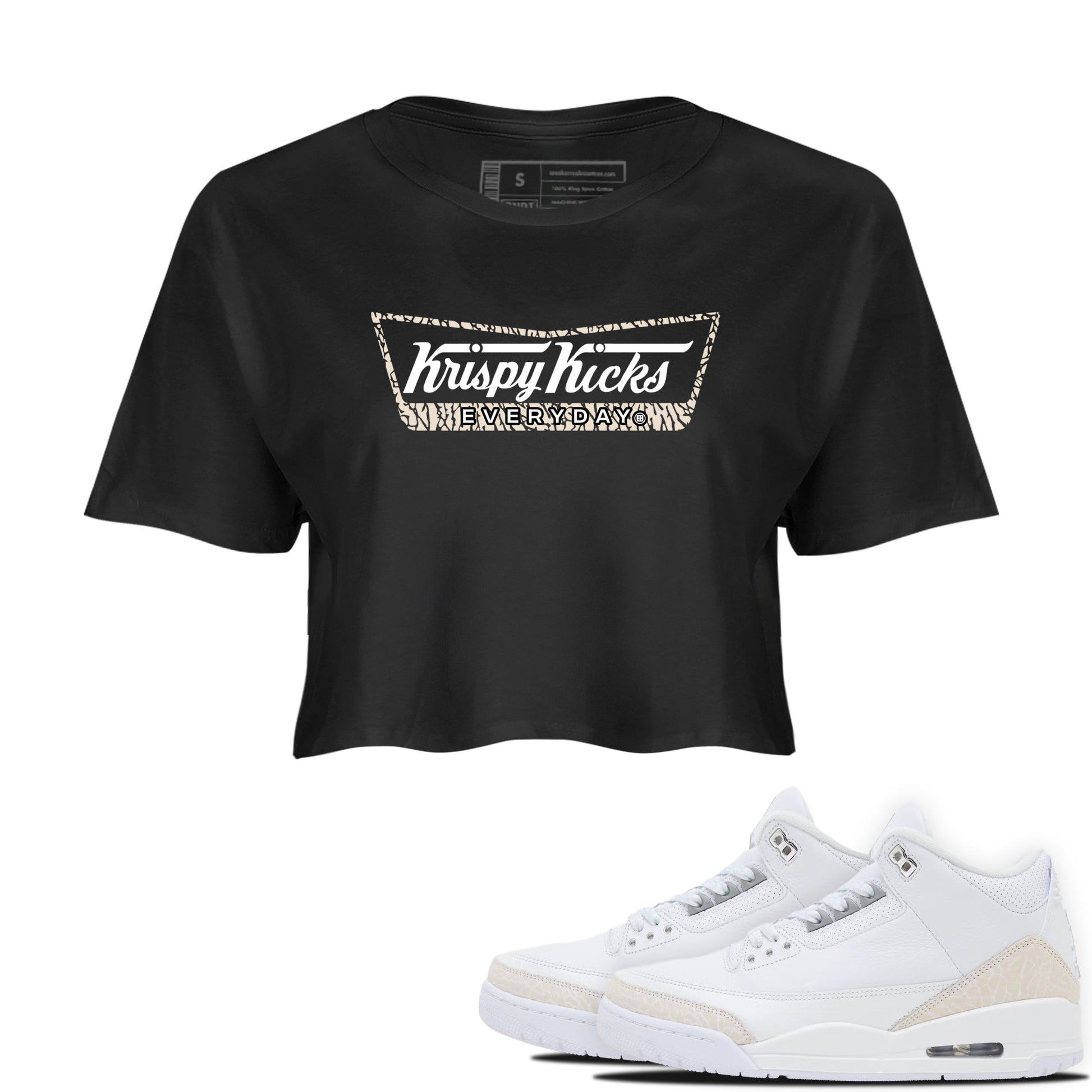Krispy Kicks womens crop tee made to vibe with the Air Jordan 3 Pure Money sneakers — the perfect match in Black 1.