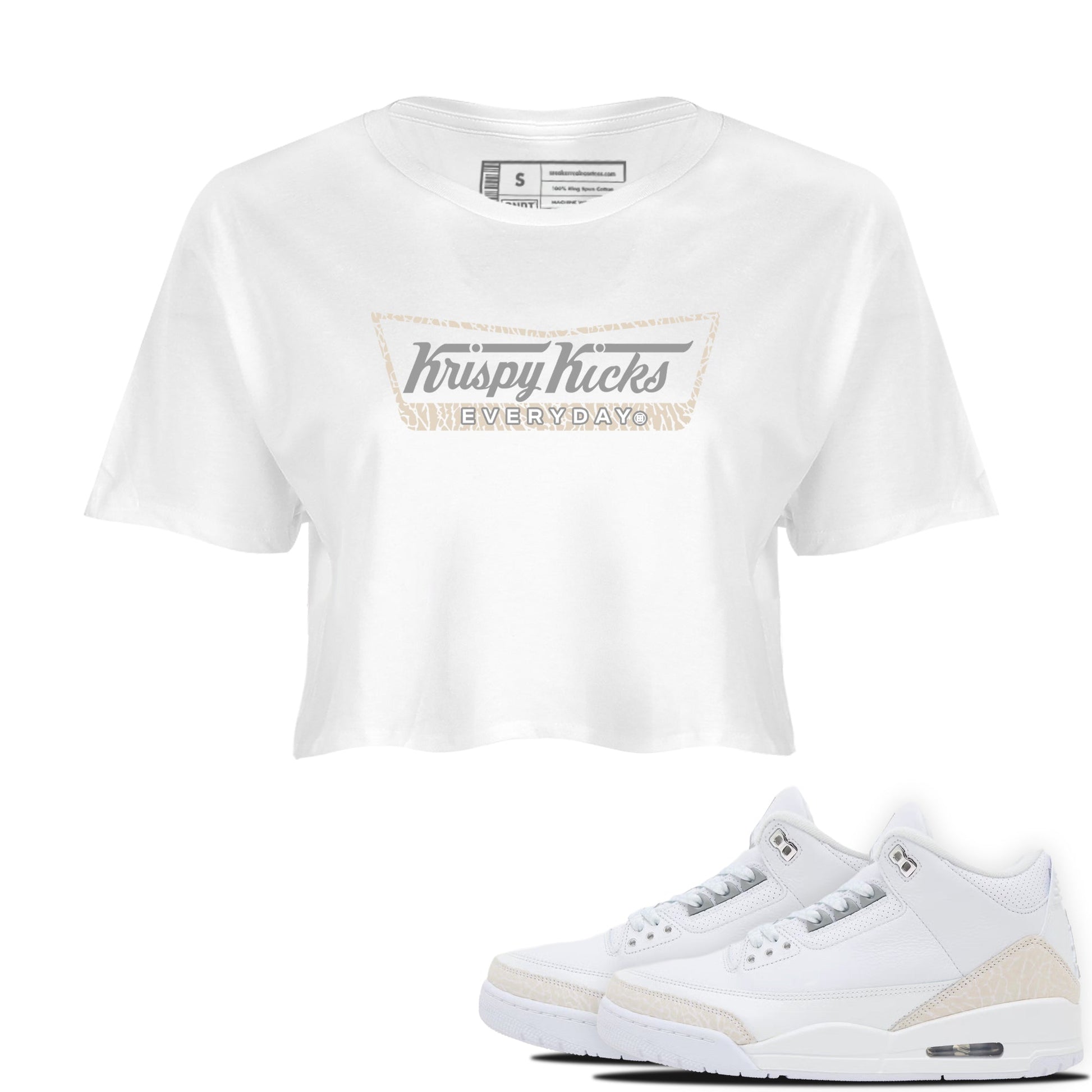 Krispy Kicks womens crop tee made to vibe with the Air Jordan 3 Pure Money sneakers — the perfect match in White 1.