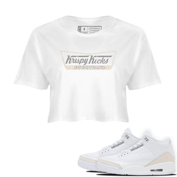 Krispy Kicks womens crop tee made to vibe with the Air Jordan 3 Pure Money sneakers — the perfect match in White 1.
