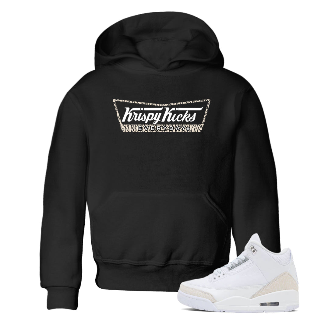 Krispy Kicks baby and kids t-shirt crafted for little sneakerheads to shine with the Air Jordan 3 Pure Money sneakers, displayed in Black 1.