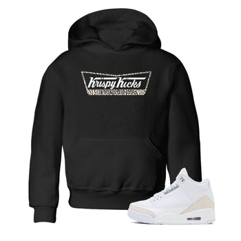Krispy Kicks baby and kids t-shirt crafted for little sneakerheads to shine with the Air Jordan 3 Pure Money sneakers, displayed in Black 1.