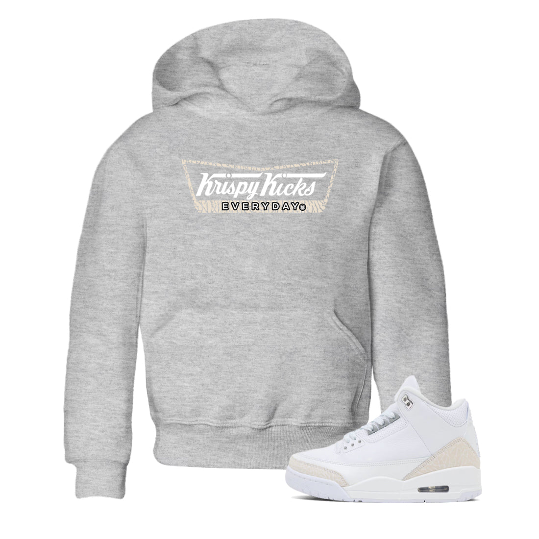 Krispy Kicks baby and kids t-shirt crafted for little sneakerheads to shine with the Air Jordan 3 Pure Money sneakers, displayed in Heather Grey 1.