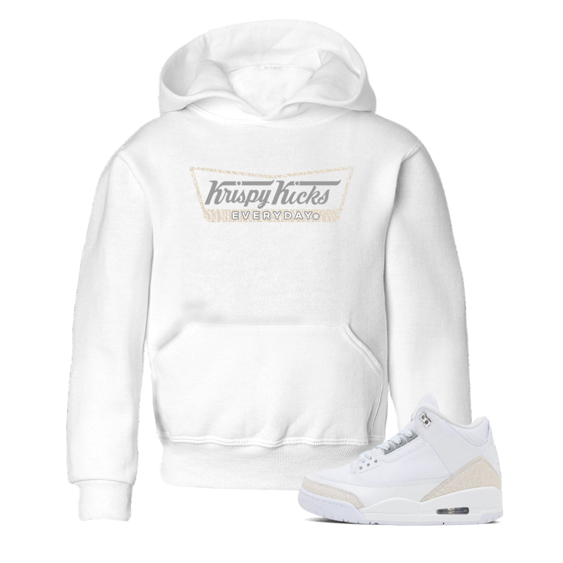 Krispy Kicks baby and kids t-shirt crafted for little sneakerheads to shine with the Air Jordan 3 Pure Money sneakers, displayed in White 1.