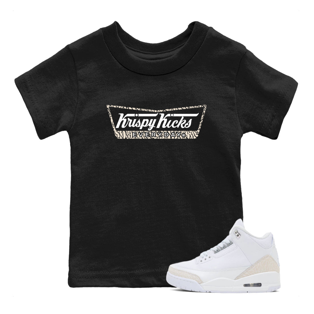 Krispy Kicks baby and kids t-shirt crafted for little sneakerheads to shine with the Air Jordan 3 Pure Money sneakers, displayed in Black 1.