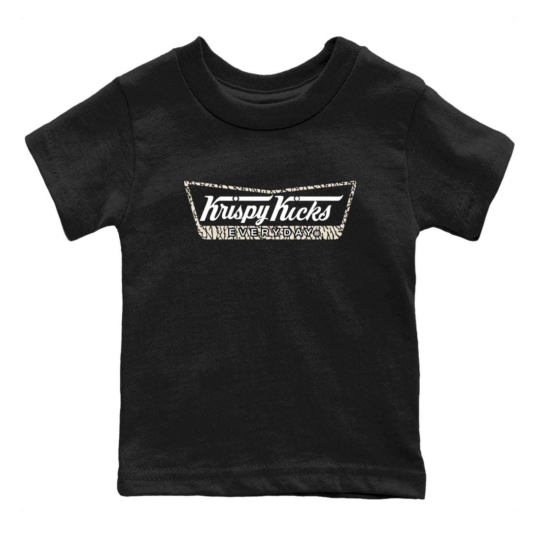 Krispy Kicks baby and kids t-shirt crafted for little sneakerheads to shine with the Air Jordan 3 Pure Money sneakers, displayed in Black 2.