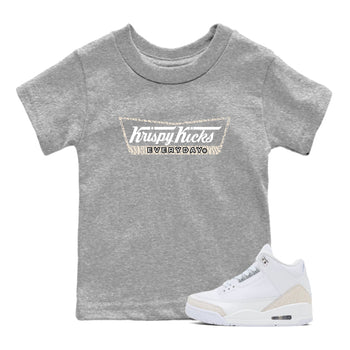 Krispy Kicks baby and kids t-shirt crafted for little sneakerheads to shine with the Air Jordan 3 Pure Money sneakers, displayed in Heather Grey 1.