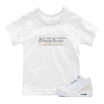Krispy Kicks baby and kids t-shirt crafted for little sneakerheads to shine with the Air Jordan 3 Pure Money sneakers, displayed in White 1.