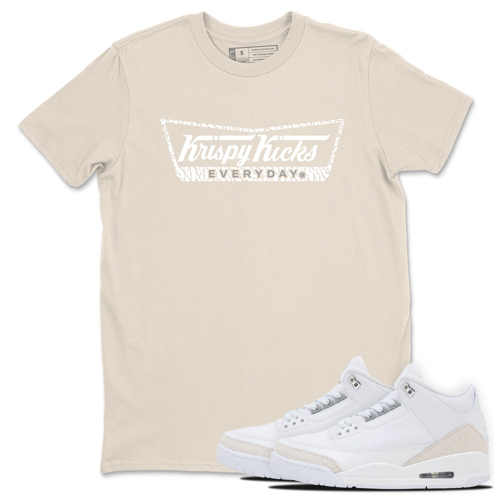 Krispy Kicks sneaker match t-shirt styled to complete your fit with the Air Jordan 3 Pure Money sneakers, shown in Natural 1.