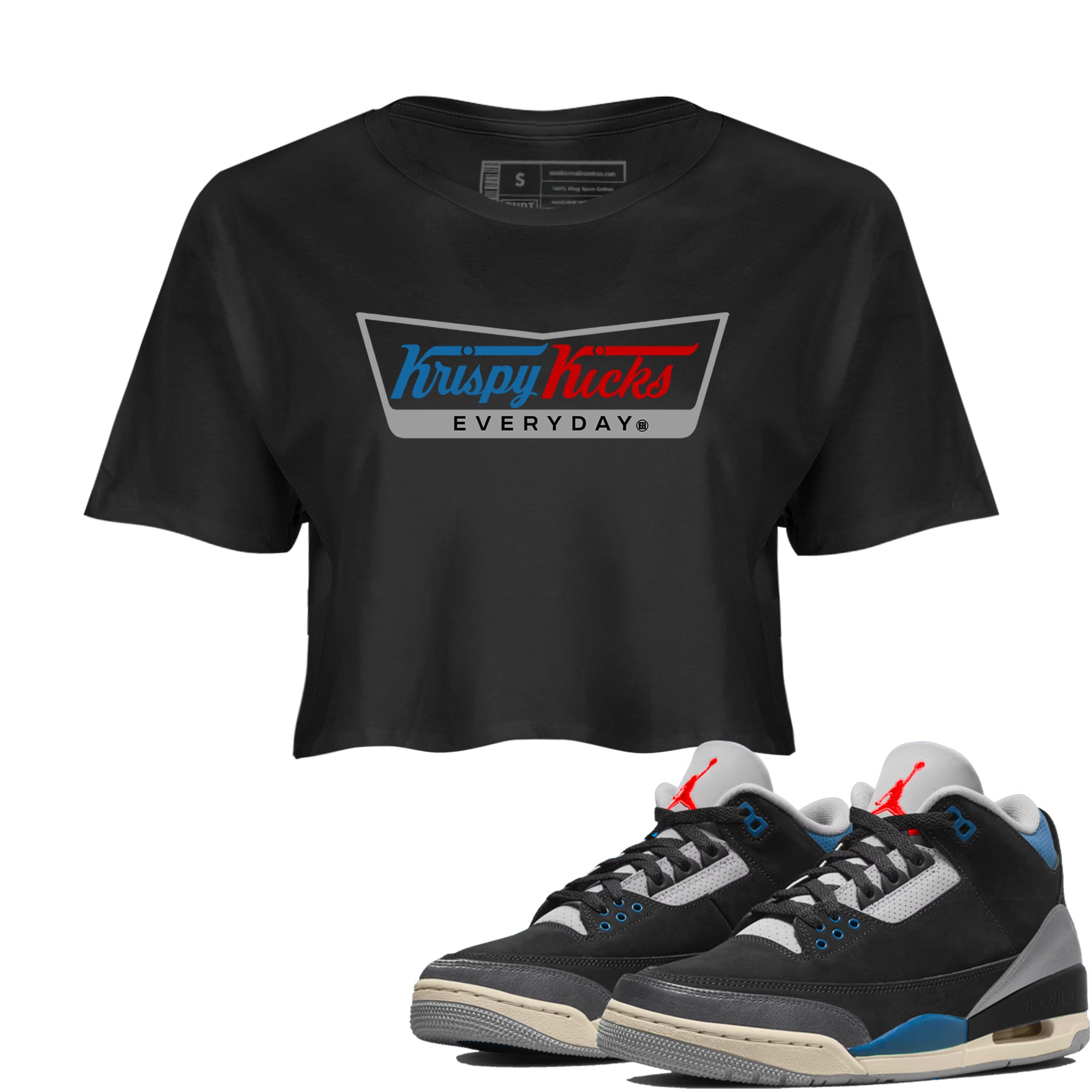 AJ3 Rare Air Graphic shirts Krispy Kicks shirts Air Jordan 3 Rare Air best t-shirts to wear with jordans SNRT Sneaker Tees unisex cotton Black 1 crop tee