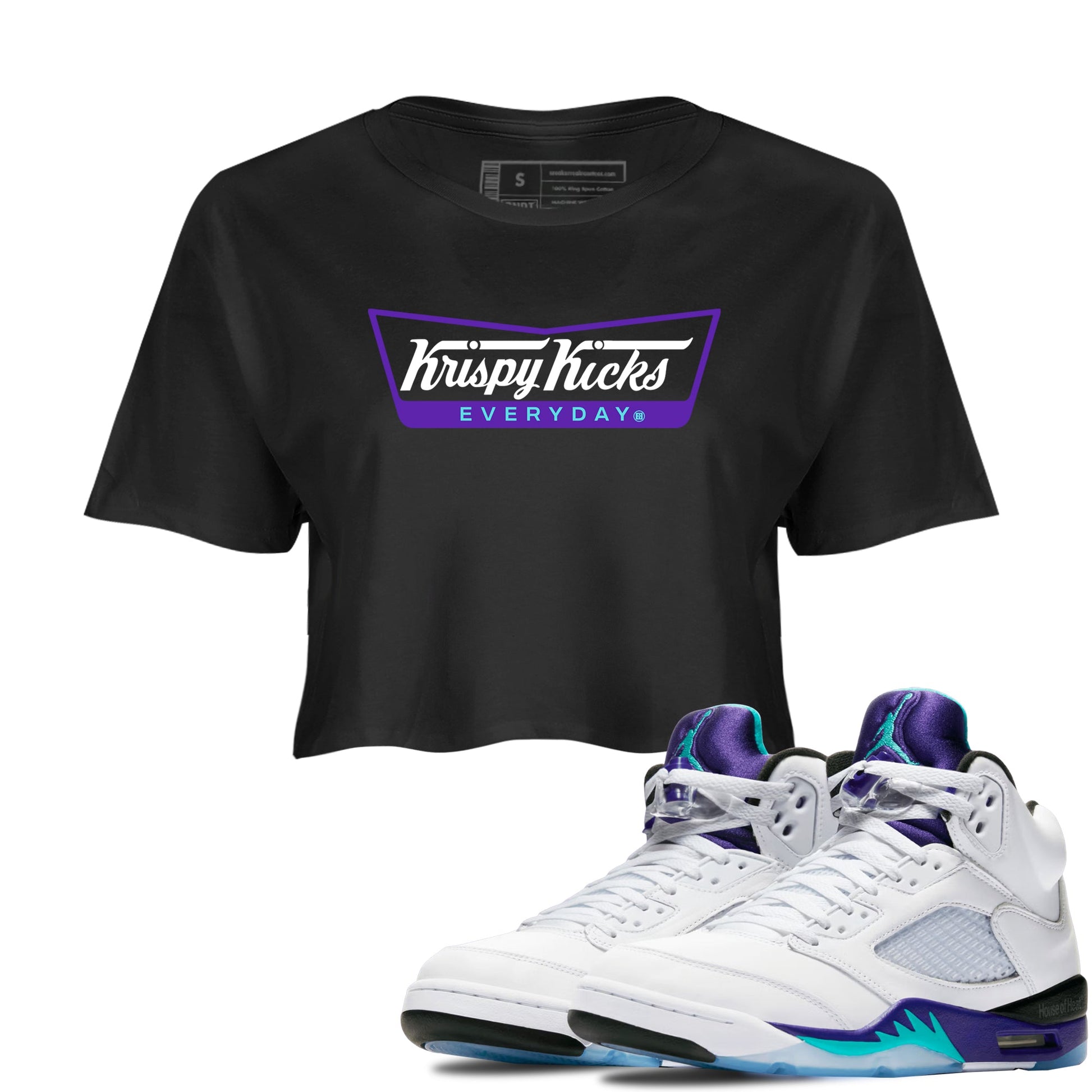 Air Jordan 5 Grape Graphic shirts Krispy Kicks shirts 5 Retro Grape best t-shirts to wear with jordans SNRT Sneaker Tees unisex cotton Black 1 crop tee