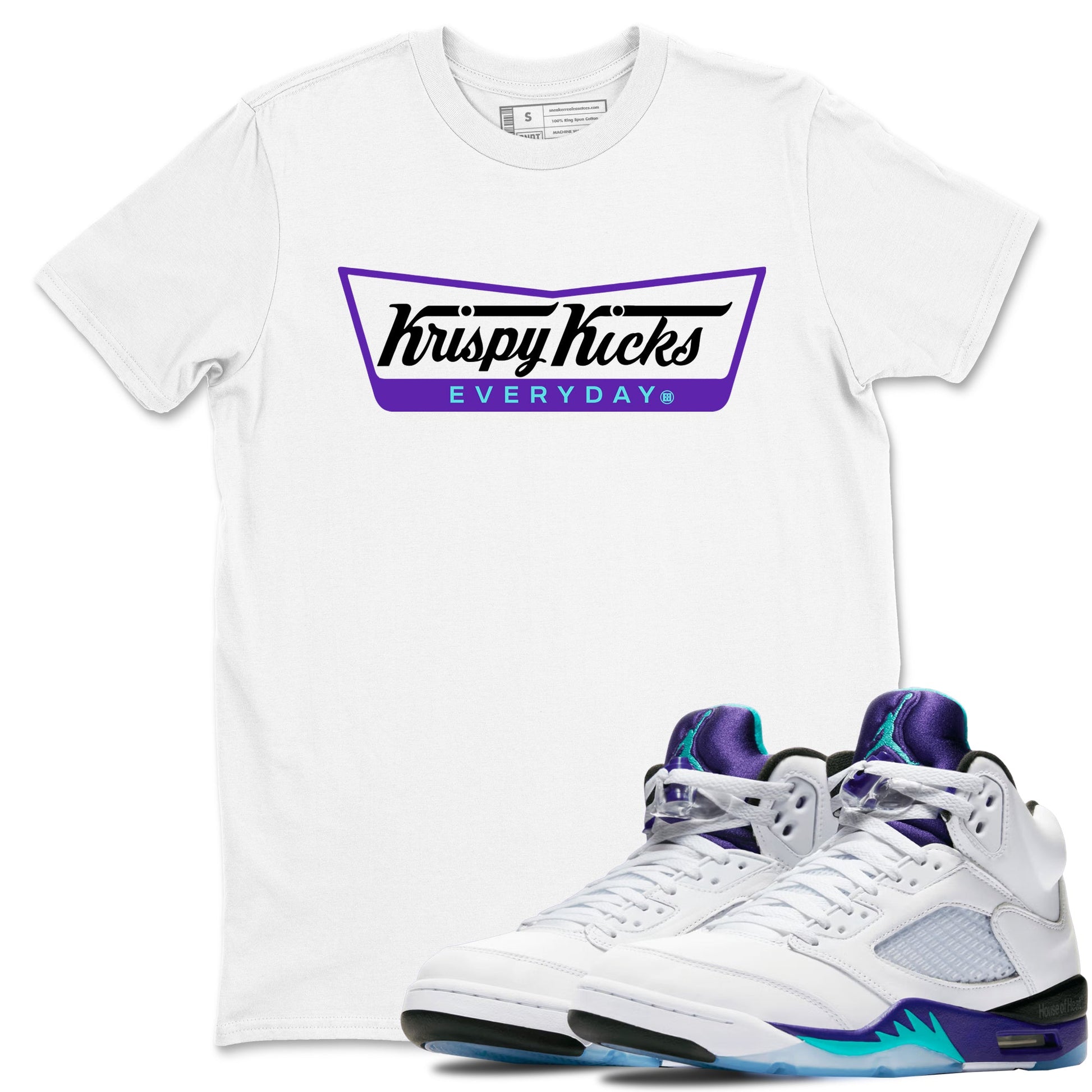 Air Jordan 5 Grape Graphic shirts Krispy Kicks shirts 5 Retro Grape best t-shirts to wear with jordans SNRT Sneaker Tees unisex cotton White 1 shirts