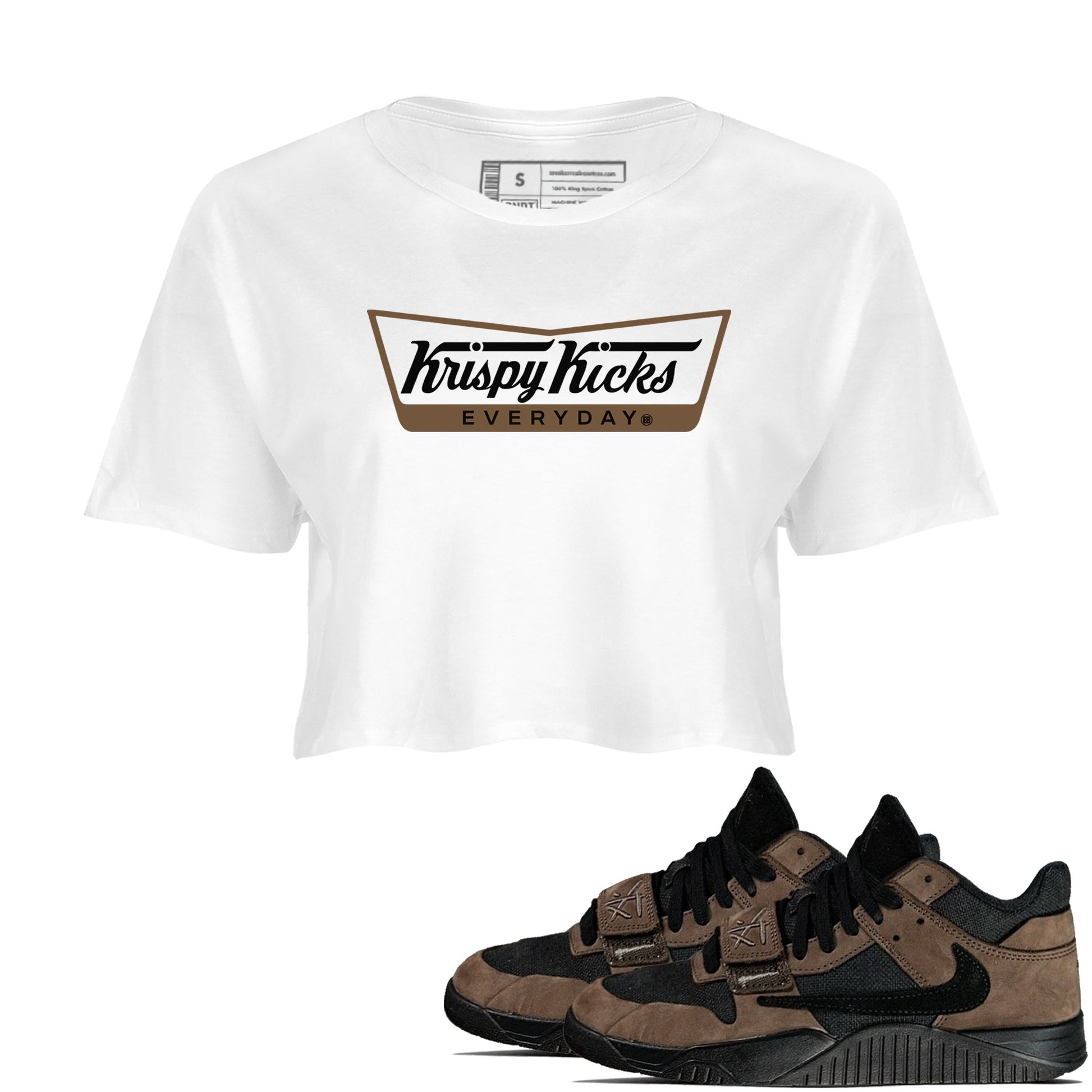 Jordan Jumpman Jack TR Travis Scott Dark Mocha shirts to match jordans Krispy Kicks sneaker match tees Jordan Jumpman Jack Travis Scott Dark Mocha match shoes to clothes SNRT Sneaker Tees unisex cotton White 1 crop tee