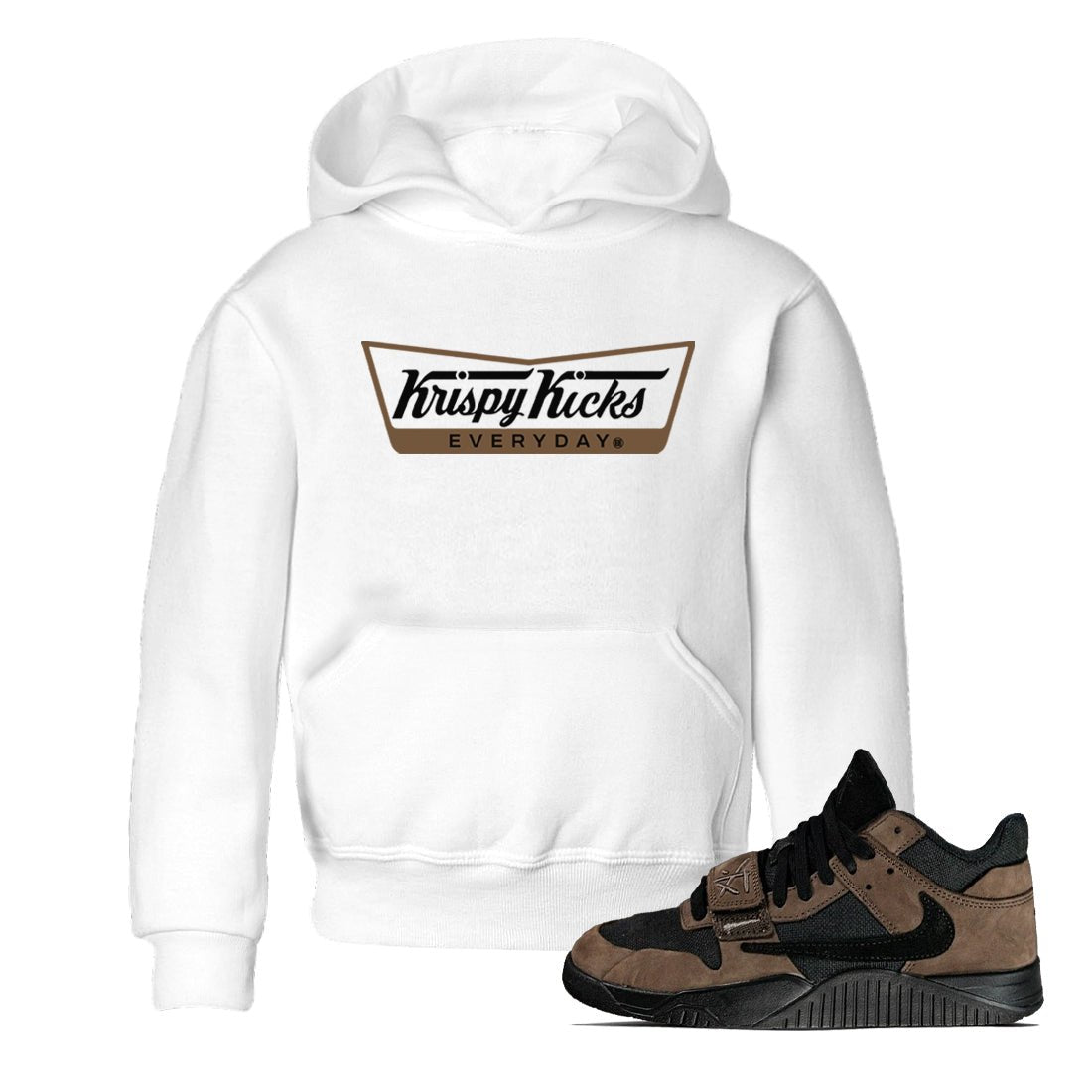 Jordan Jumpman Jack TR Travis Scott Dark Mocha shirts to match jordans Krispy Kicks sneaker match tees Jordan Jumpman Jack Travis Scott Dark Mocha match shoes to clothes SNRT Sneaker Tees Youth Baby White 1 tee