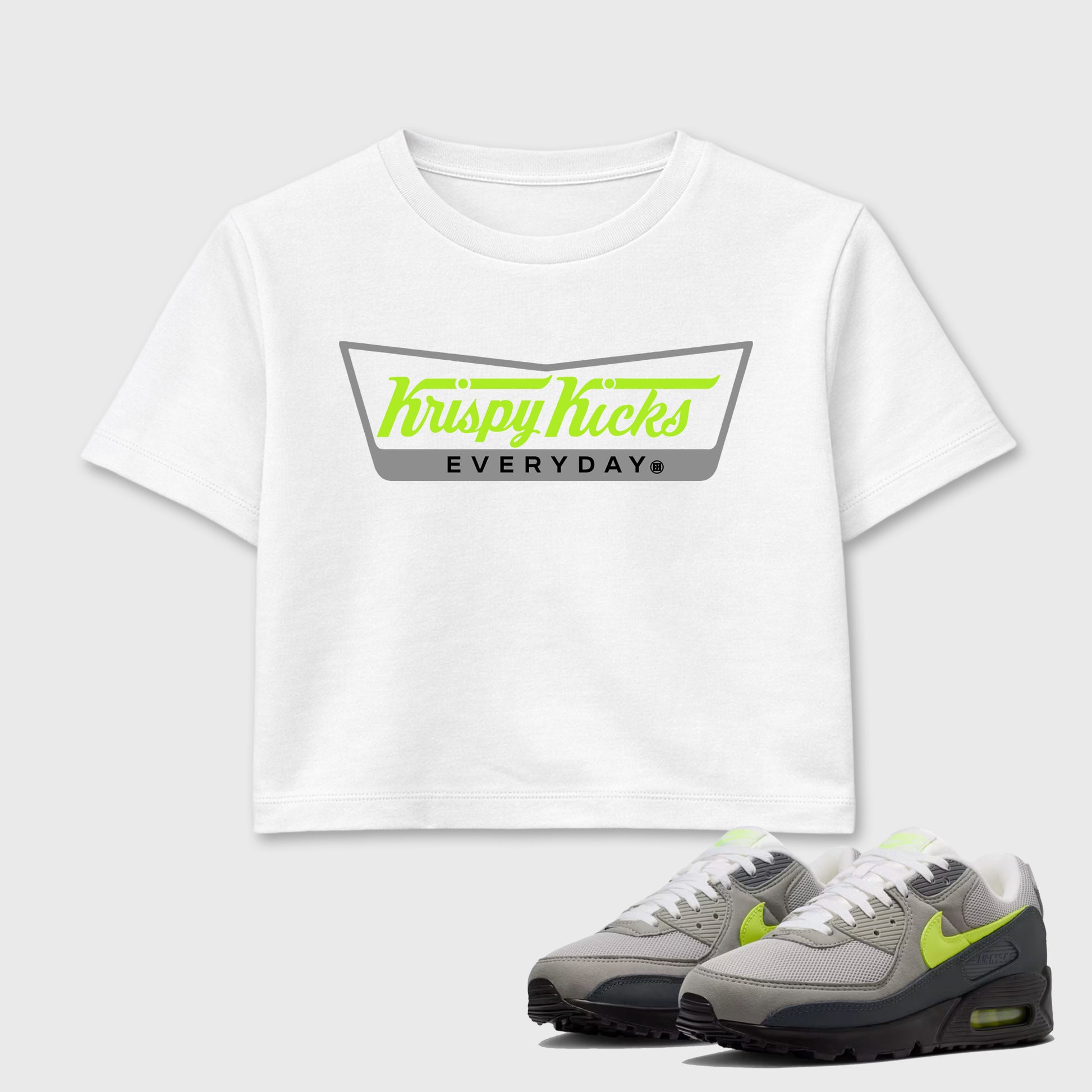 Sneaker match tees – Sneaker Tees To Match Air Max 90 Neon Yellow Shoes – Krispy Kicks Crop T-Shirt White 1