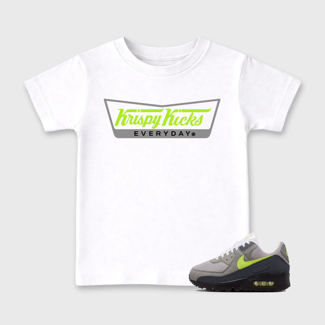 Sneaker match tees – Sneaker Tees To Match Air Max 90 Neon Yellow Shoes – Krispy Kicks Kids T-Shirt White 1