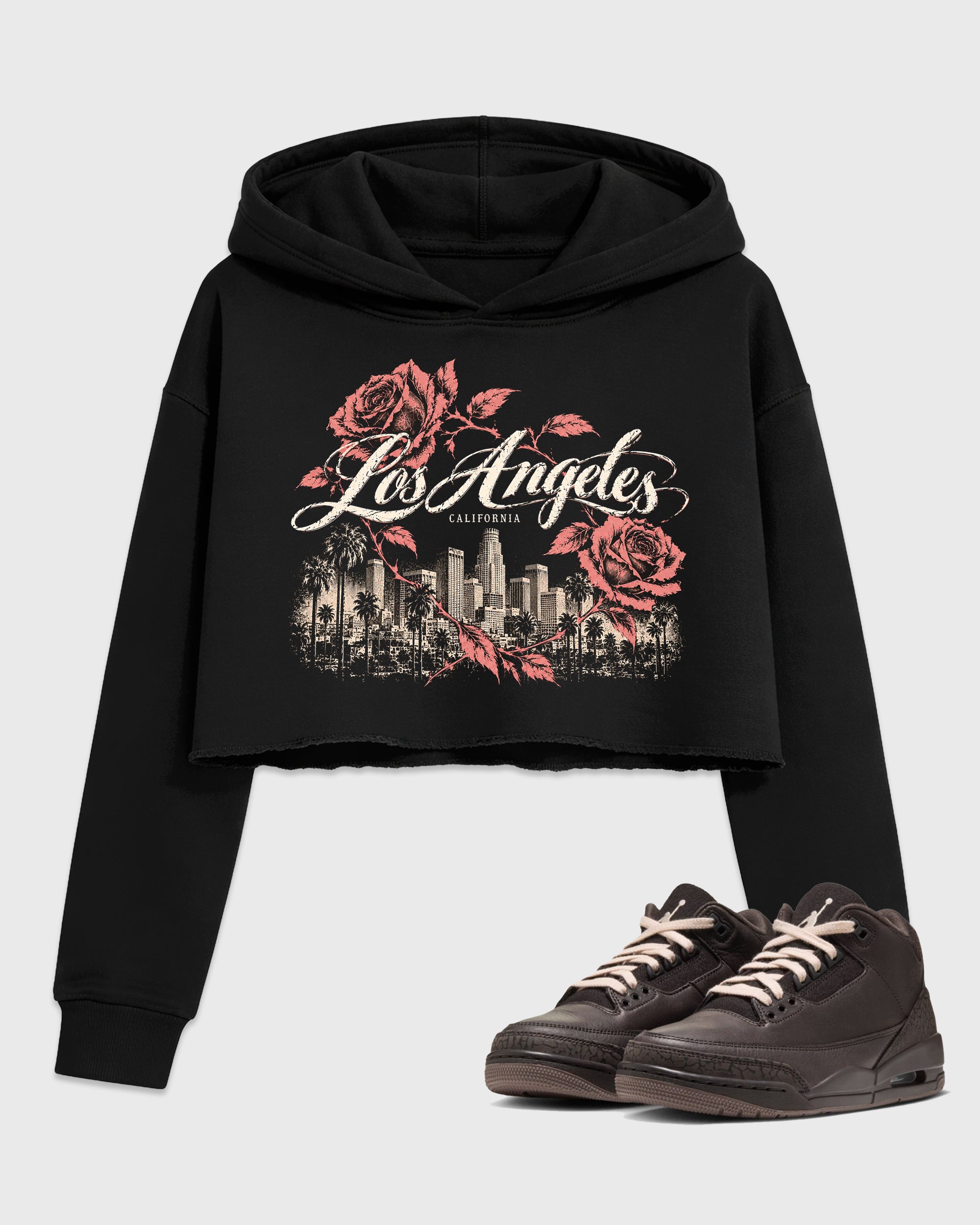 LA Roses Women’s Graphic Crop Tee featuring original streetwear artwork designed to match the Air Jordan 3 Fireside. Black 1 Crop Tee.