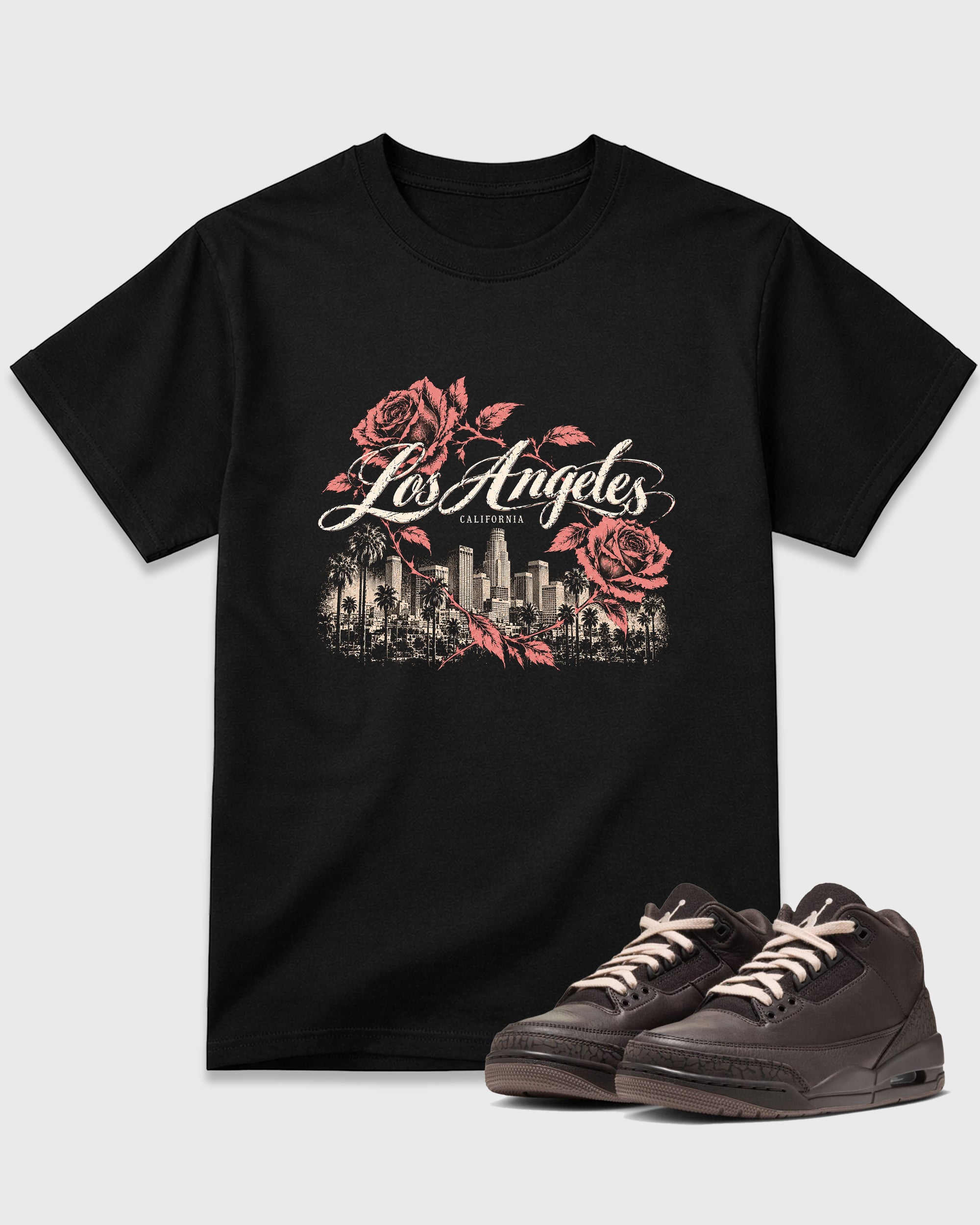 LA Roses Graphic T-Shirt featuring original streetwear artwork designed to match the Air Jordan 3 Fireside. Black 1 Graphic T-Shirt.