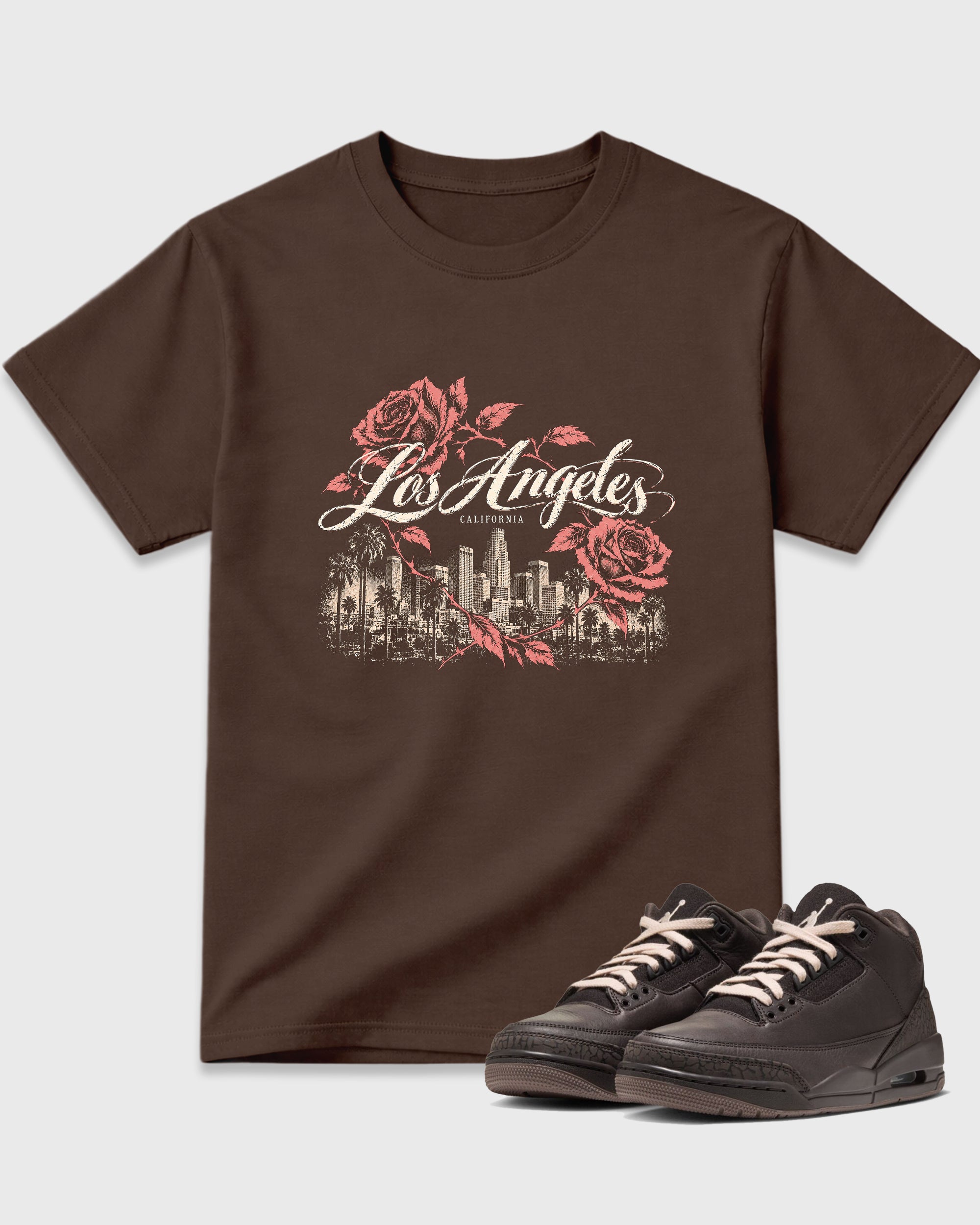 LA Roses Graphic T-Shirt featuring original streetwear artwork designed to match the Air Jordan 3 Fireside. Dark Chocolate 1 Graphic T-Shirt.