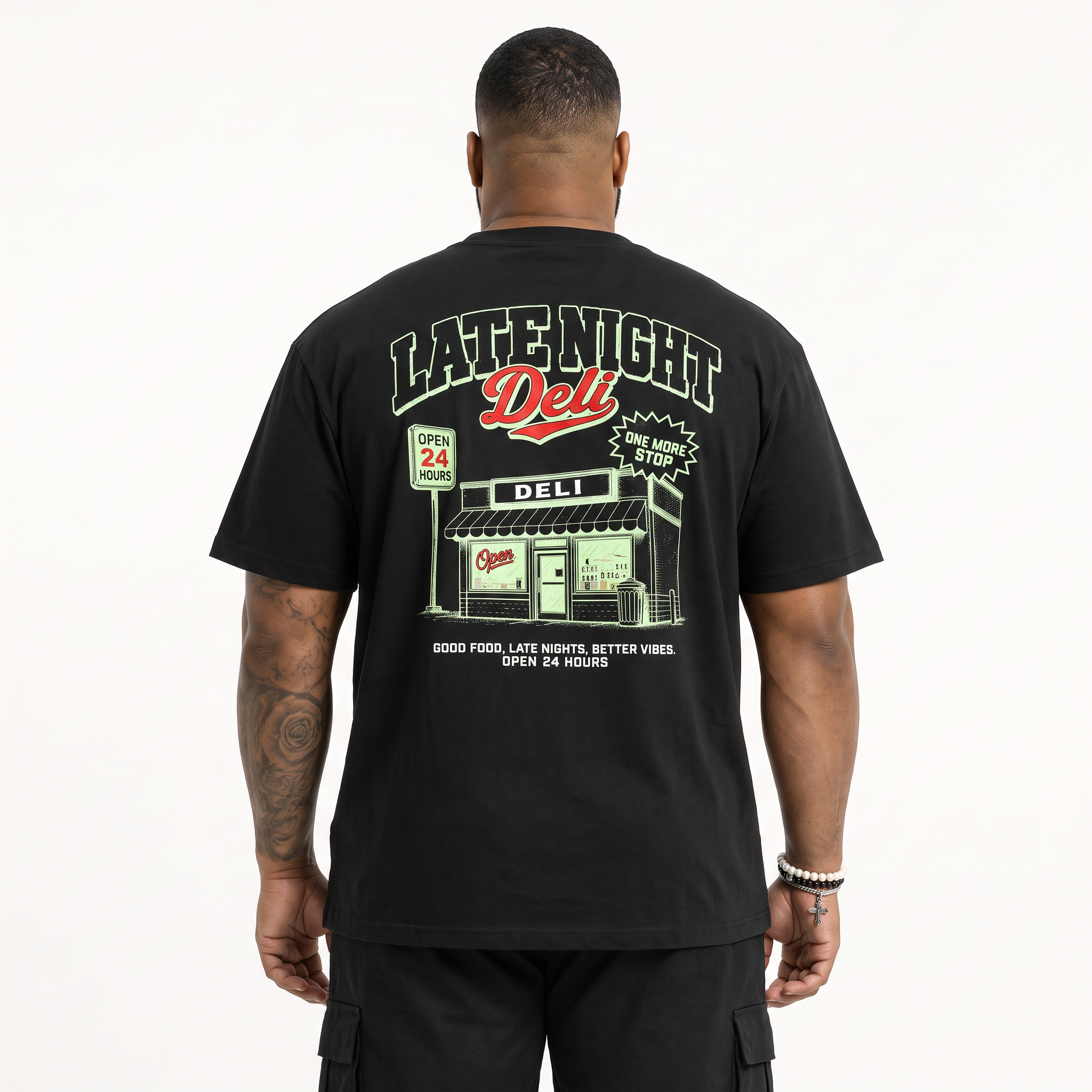 Late night Deli Black Graphic T-Shirt - 1, sneaker matching tee designed to match Halloween sneakers for a coordinated sneaker outfit.
