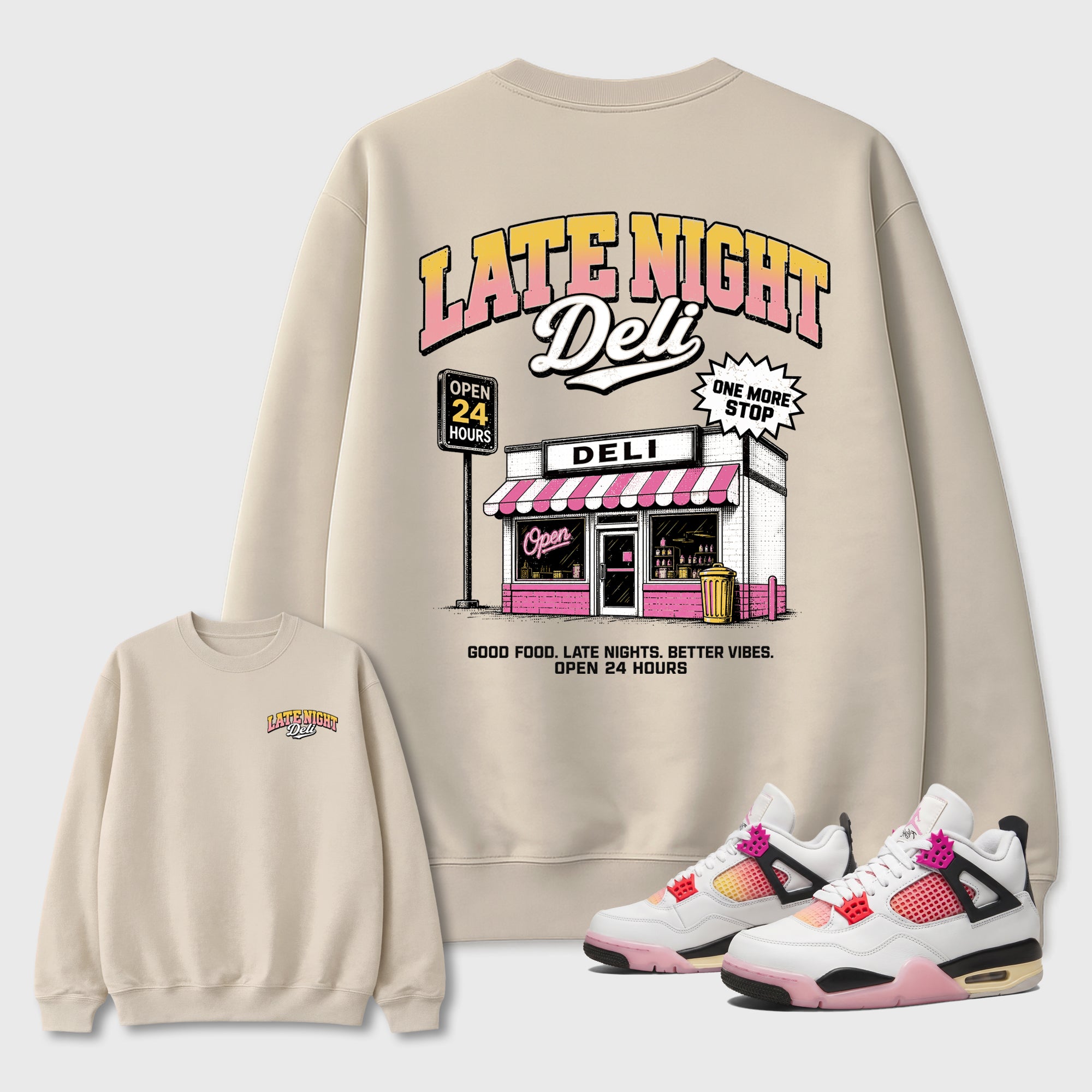 Late Night Deli Graphic T-Shirt featuring original streetwear artwork designed to match the Air Jordan 4 Comic. Natural Graphic Tee.