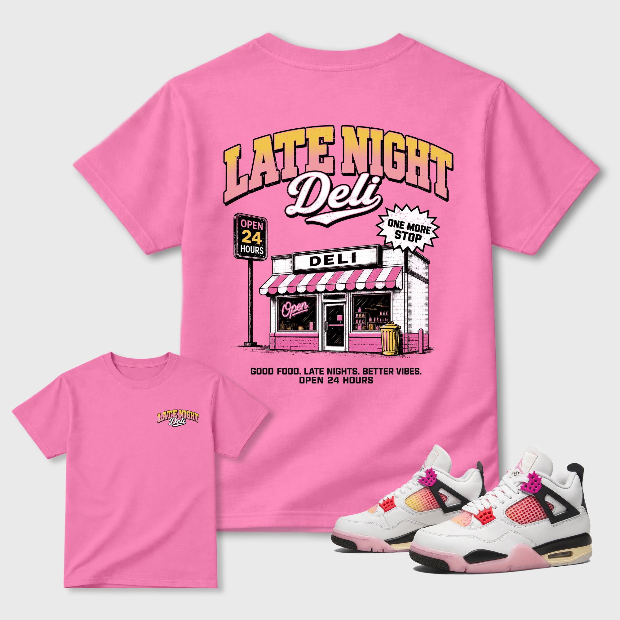Late Night Deli Graphic T-Shirt featuring original streetwear artwork designed to match the . Bubble Gum Graphic T-Shirt.