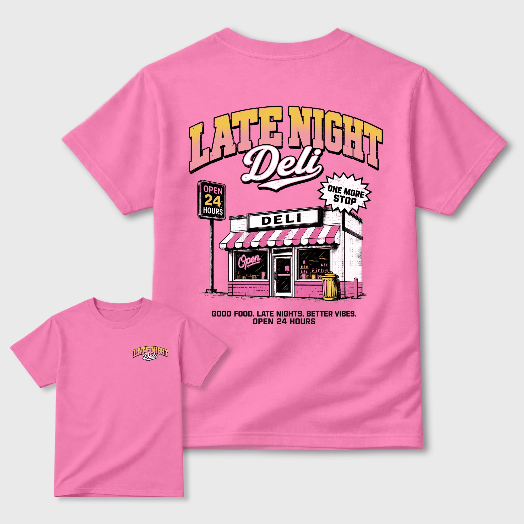 Late Night Deli Graphic T-Shirt featuring original streetwear artwork designed to match the . Bubble Gum Graphic T-Shirt.