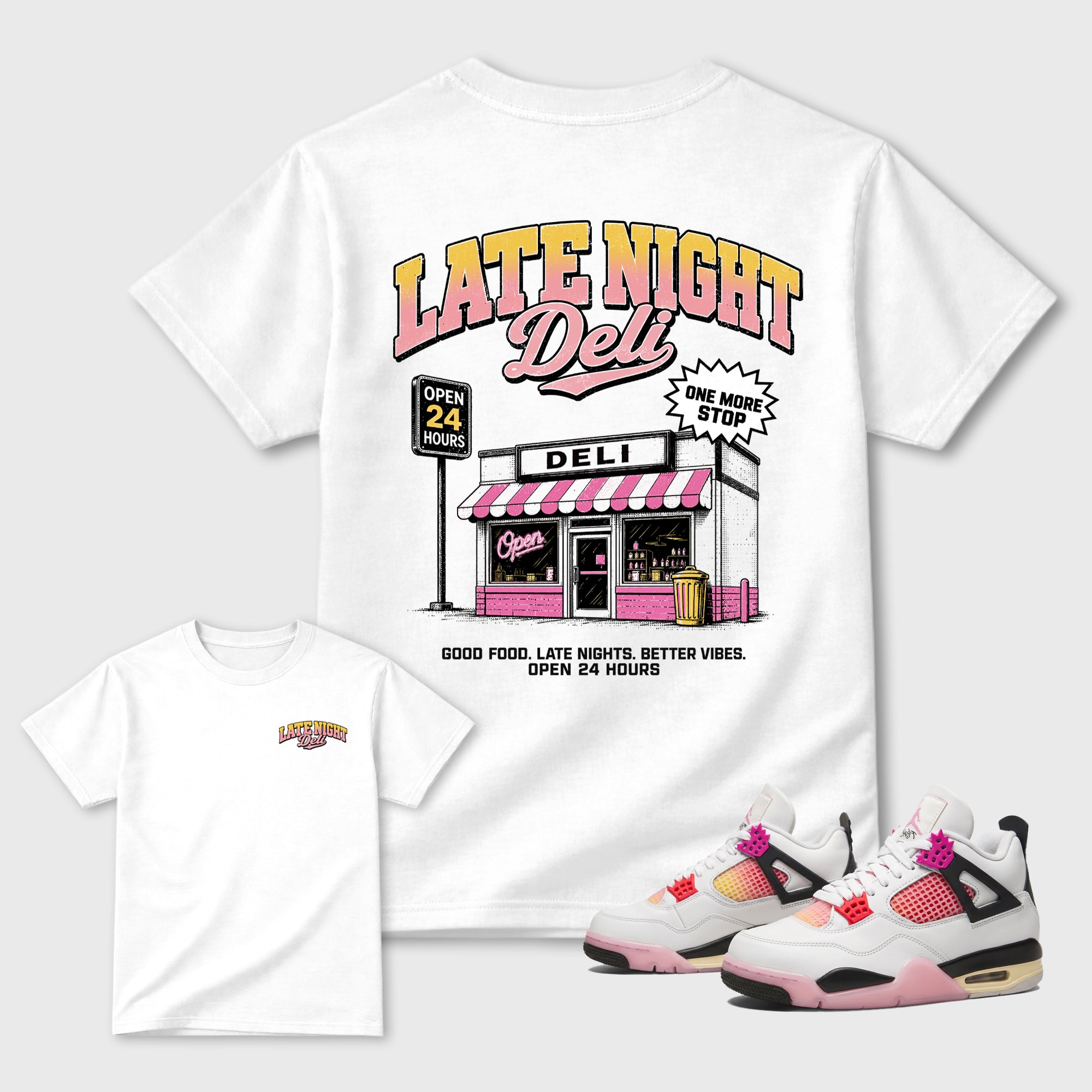 Late Night Deli Graphic T-Shirt featuring original streetwear artwork designed to match the Air Jordan 4 Comic. White Graphic T-Shirt.