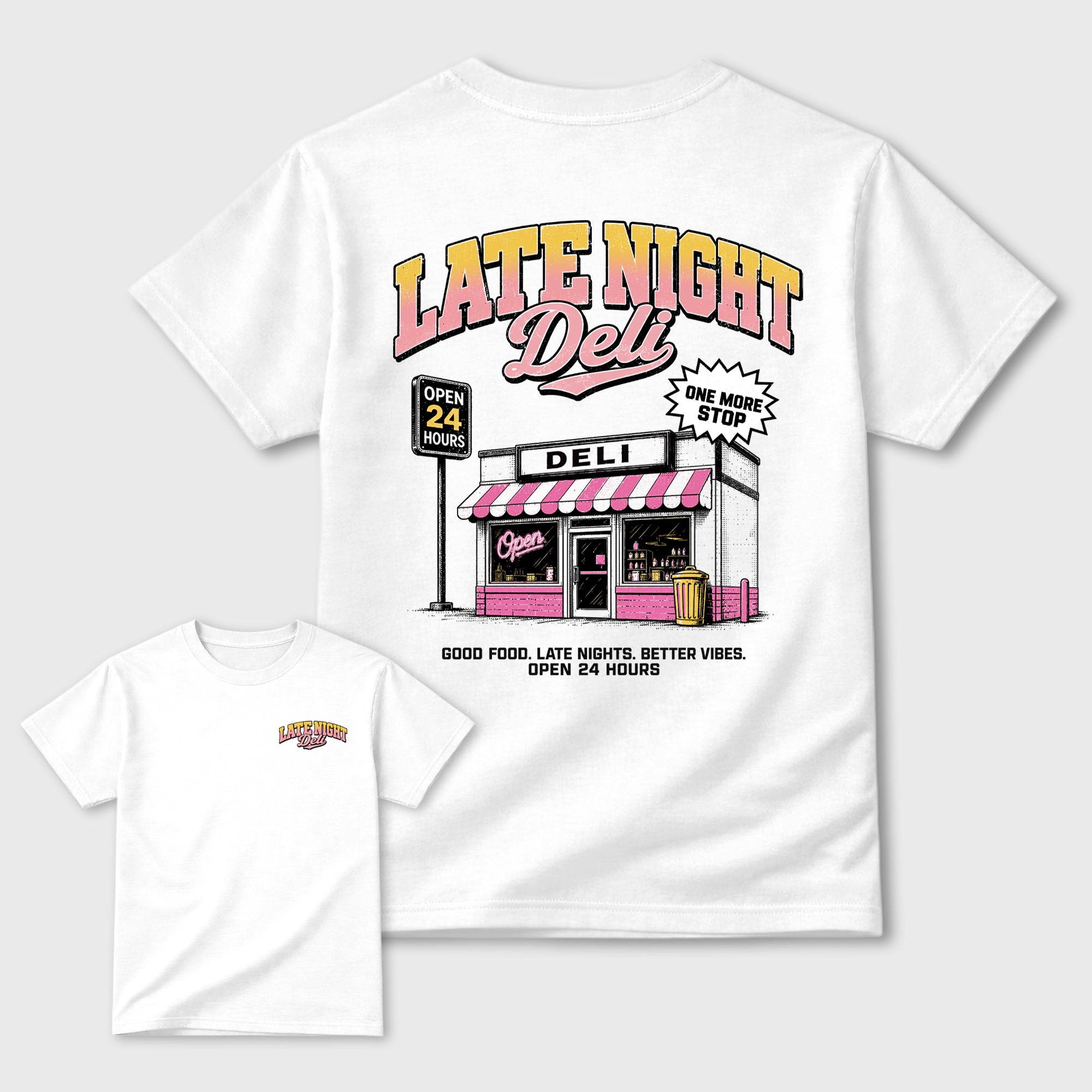 Late Night Deli Graphic T-Shirt featuring original streetwear artwork designed to match the . White Graphic T-Shirt.