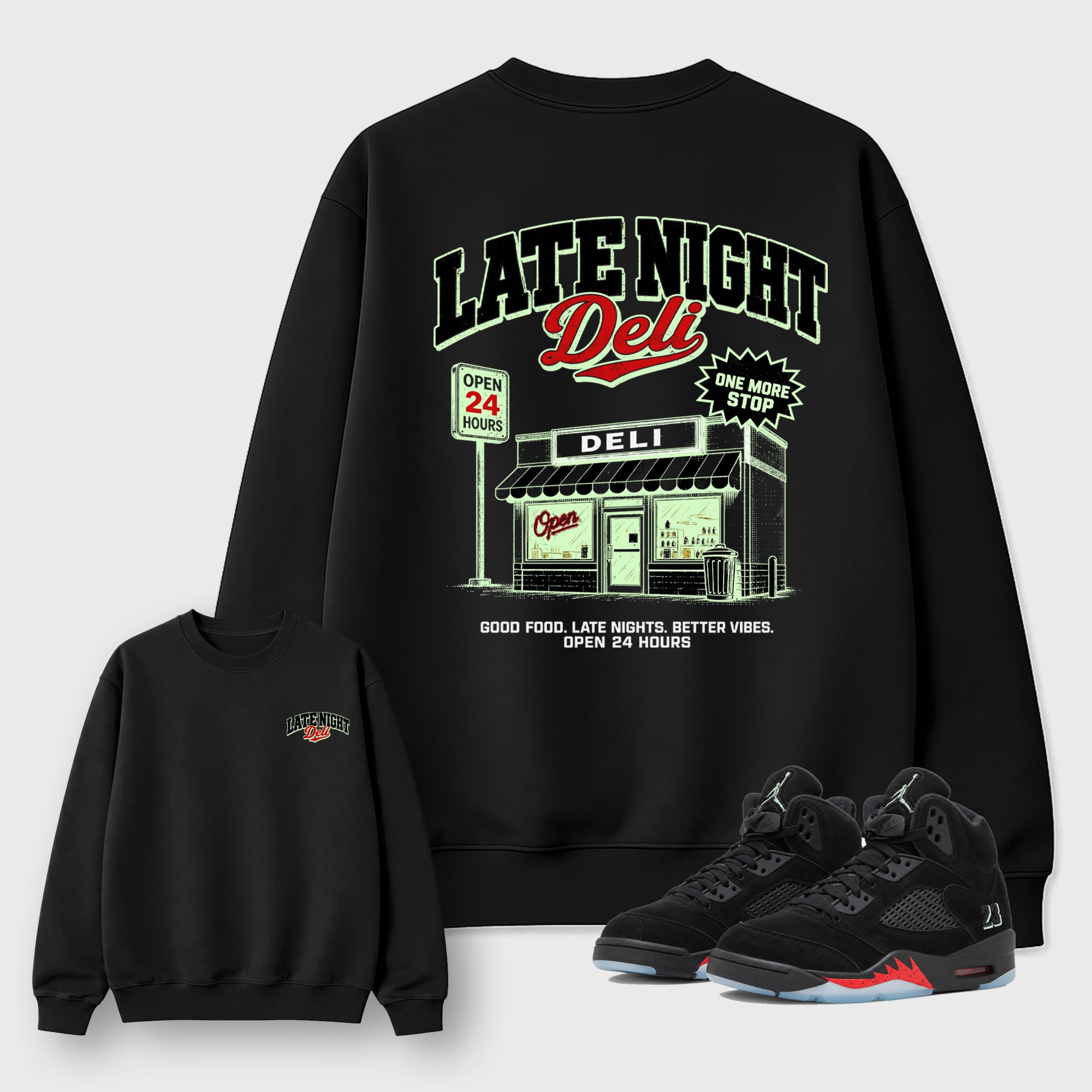 Late night Deli Black Graphic Sweatshirt - 1, a sneaker matching sweatshirt designed to coordinate with Halloween sneakers for a complete sneaker outfit.