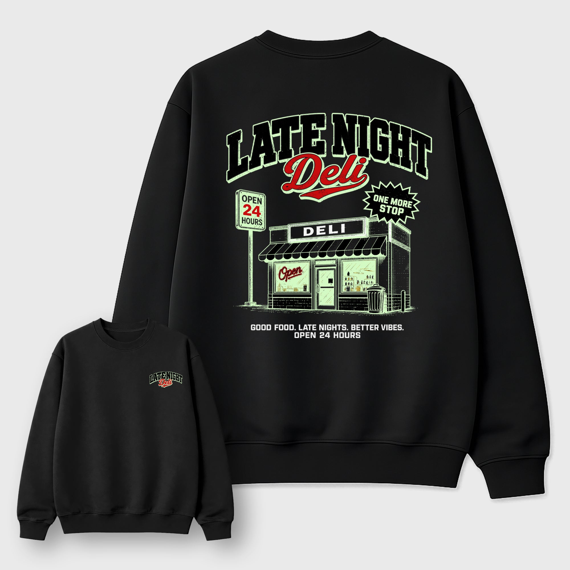 Late night Deli Black Graphic Sweatshirt - 3, a graphic streetwear sweatshirt inspired by Halloween sneakers for an easy coordinated sneaker fit.