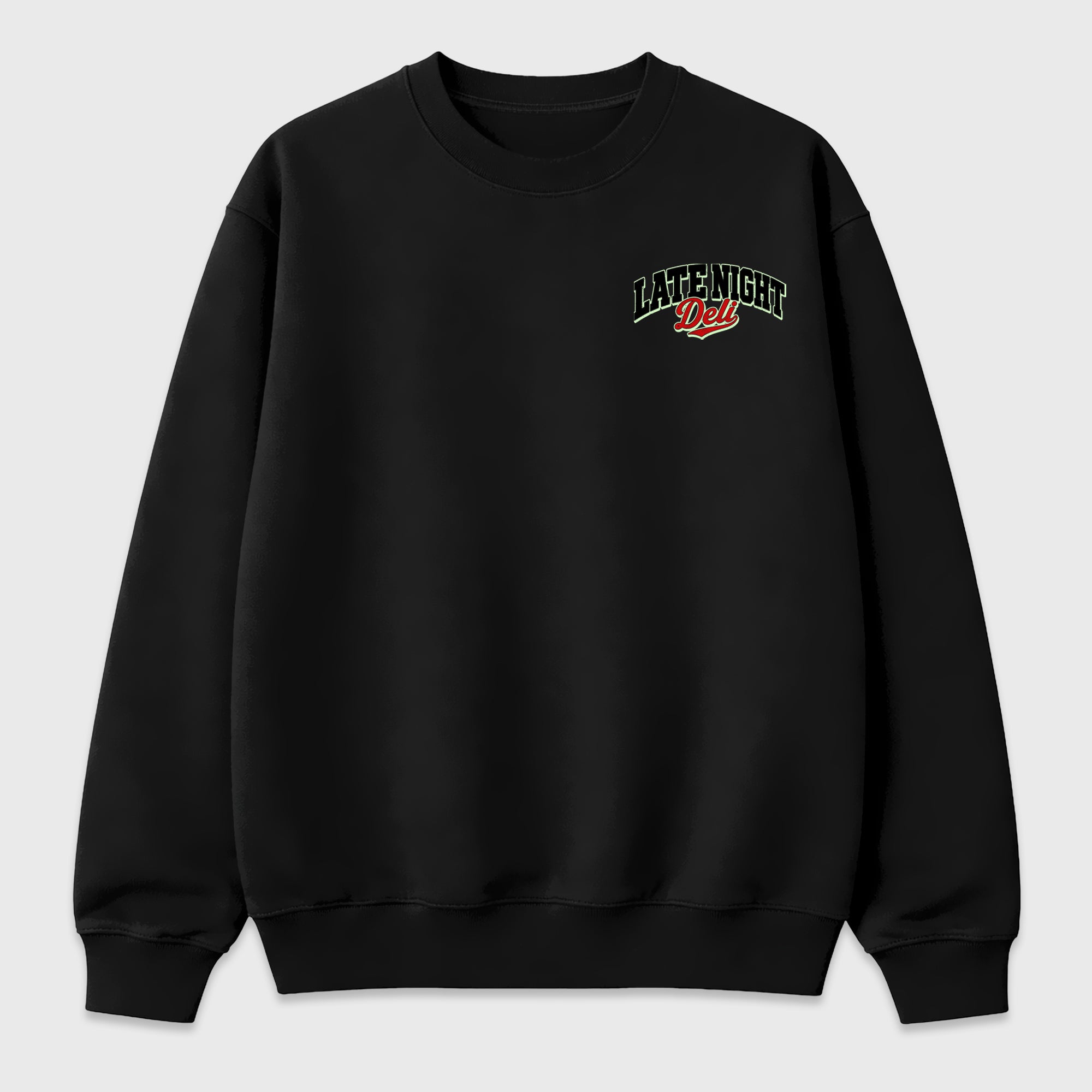 Late night Deli Black Graphic Sweatshirt - 3, a graphic streetwear sweatshirt inspired by Halloween sneakers for an easy coordinated sneaker fit.