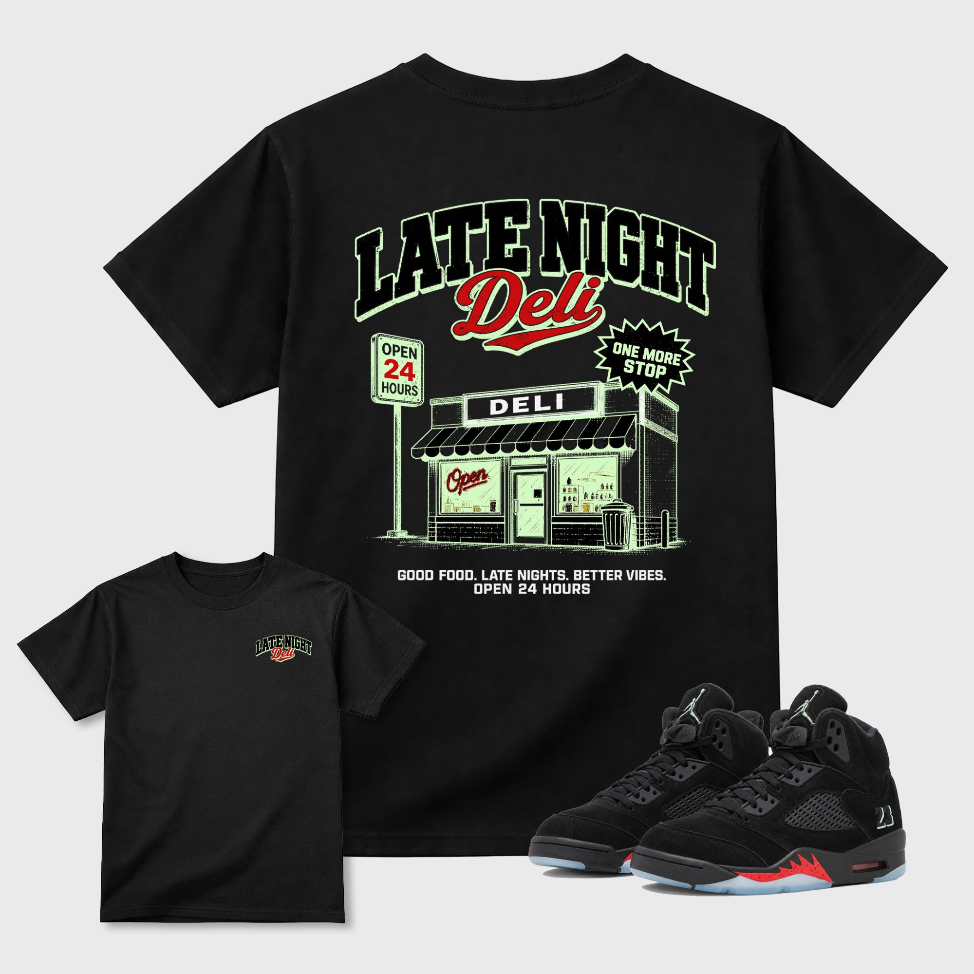 Late night Deli Black Graphic T-Shirt - 1, sneaker matching tee designed to match Halloween sneakers for a coordinated sneaker outfit.