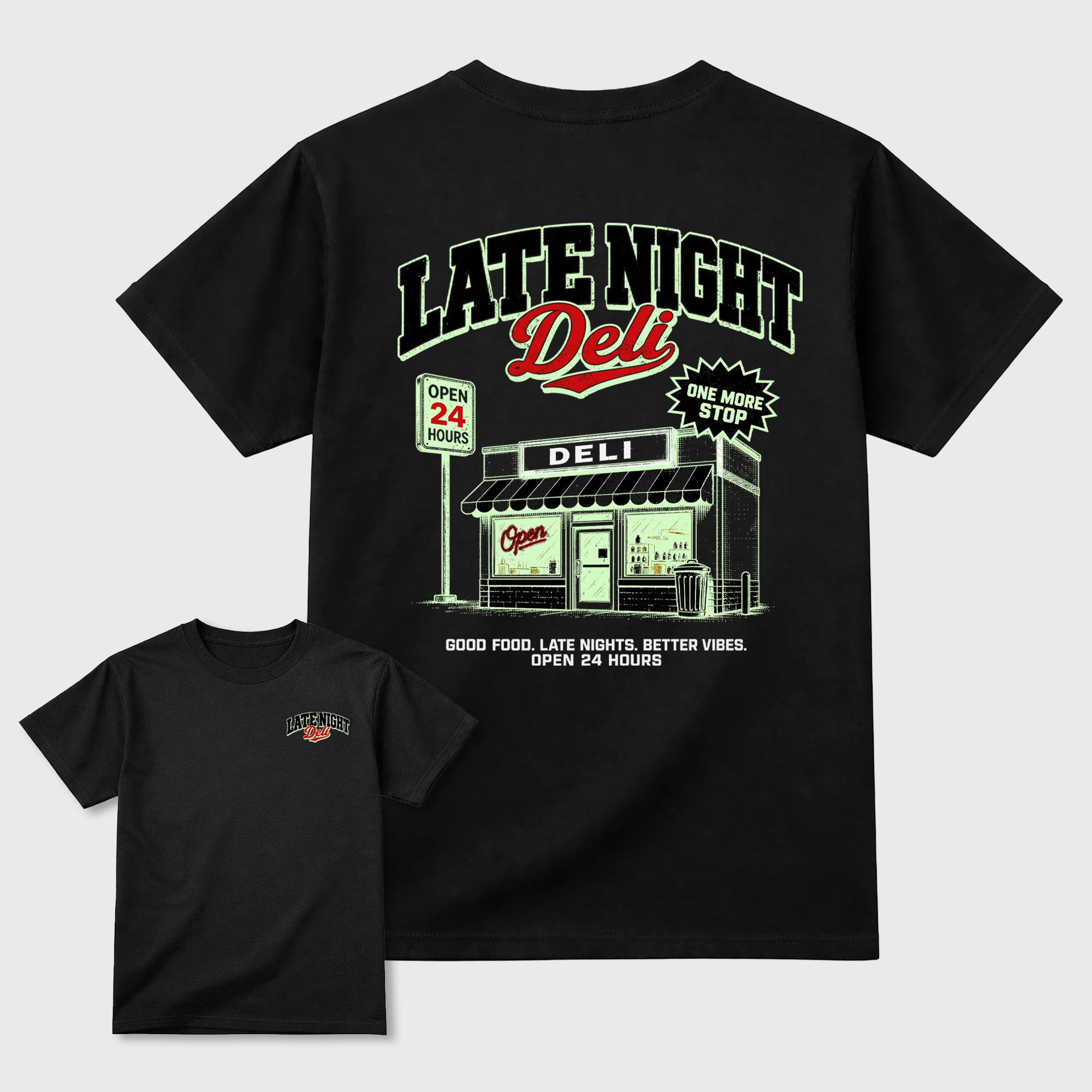 Late night Deli Black Graphic T-Shirt - 3, sneaker matching shirt designed to pair with Halloween sneakers for a coordinated streetwear outfit.