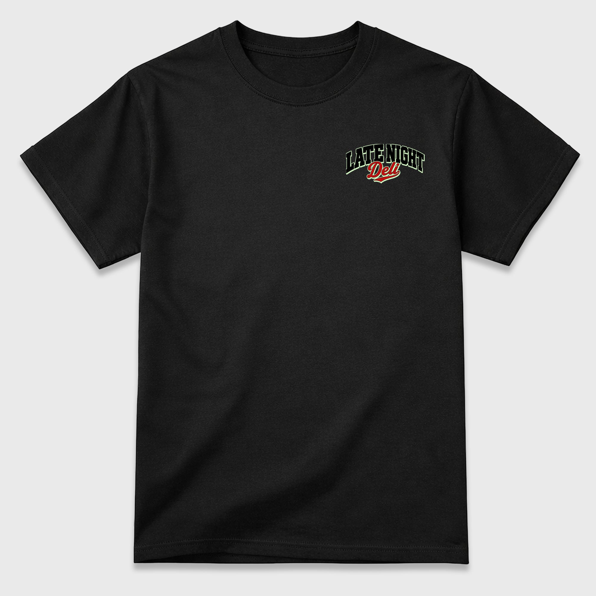 Late night Deli Black Graphic T-Shirt - 3, sneaker matching shirt designed to pair with Halloween sneakers for a coordinated streetwear outfit.