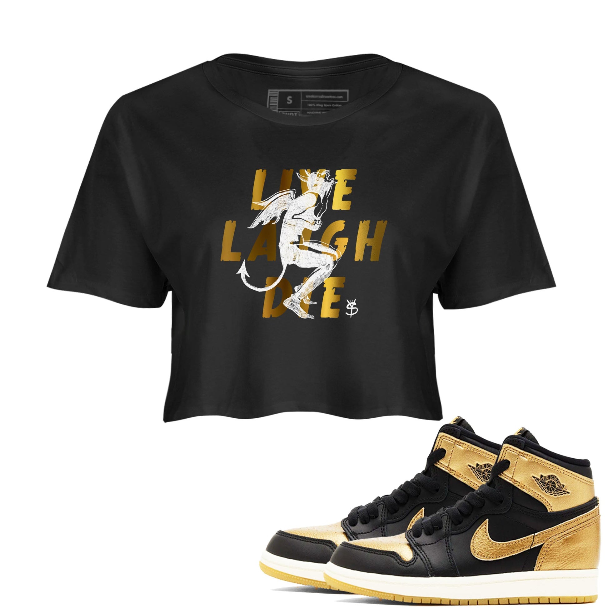 1s Black Metallic Gold shirts to match jordans Laughing Devil unique Halloween sneaker tee Air Jordan 1 Black Metallic Gold SNRT Sneaker Release Tees unisex cotton Black 1 Crop Shirts