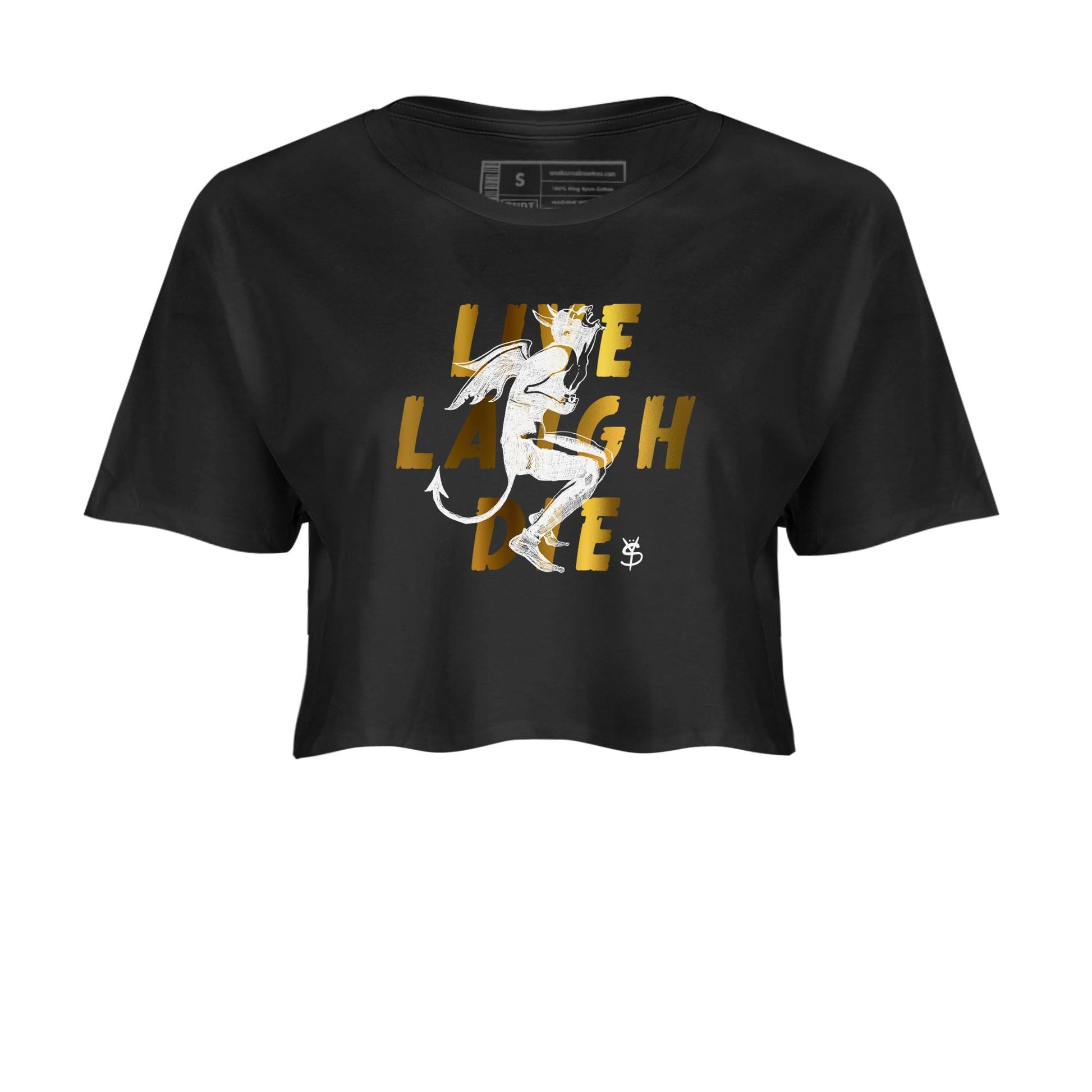 1s Black Metallic Gold shirts to match jordans Laughing Devil unique Halloween sneaker tee Air Jordan 1 Black Metallic Gold SNRT Sneaker Release Tees unisex cotton Black 2 Crop Shirts