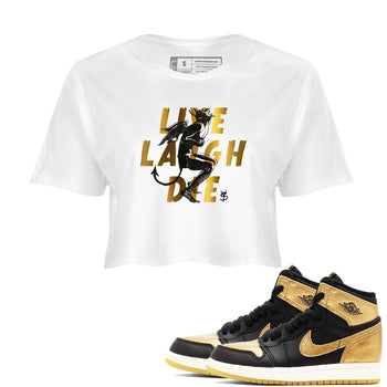 1s Black Metallic Gold shirts to match jordans Laughing Devil unique Halloween sneaker tee Air Jordan 1 Black Metallic Gold SNRT Sneaker Release Tees unisex cotton White 1 Crop Shirts