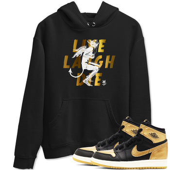 1s Black Metallic Gold shirts to match jordans Laughing Devil unique Halloween sneaker tee Air Jordan 1 Black Metallic Gold SNRT Sneaker Release Tees unisex cotton Black 1 crew neck shirts