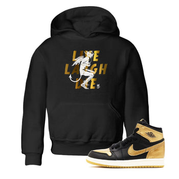 1s Black Metallic Gold shirts to match jordans Laughing Devil unique Halloween sneaker tee Air Jordan 1 Black Metallic Gold SNRT Sneaker Release Tees Youth Baby Black 1 crew neck shirts