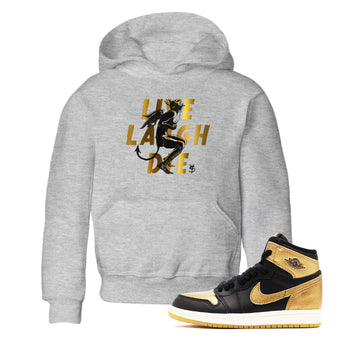 1s Black Metallic Gold shirts to match jordans Laughing Devil unique Halloween sneaker tee Air Jordan 1 Black Metallic Gold SNRT Sneaker Release Tees Youth Baby Heather Grey 1 crew neck shirts