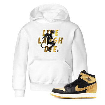 1s Black Metallic Gold shirts to match jordans Laughing Devil unique Halloween sneaker tee Air Jordan 1 Black Metallic Gold SNRT Sneaker Release Tees Youth Baby White 1 crew neck shirts