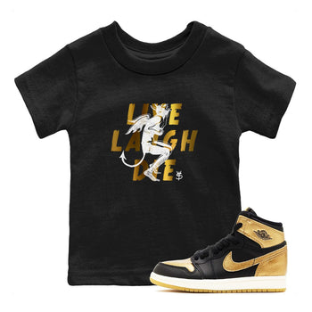 1s Black Metallic Gold shirts to match jordans Laughing Devil unique Halloween sneaker tee Air Jordan 1 Black Metallic Gold SNRT Sneaker Release Tees Youth Baby Black 1 crew neck shirts
