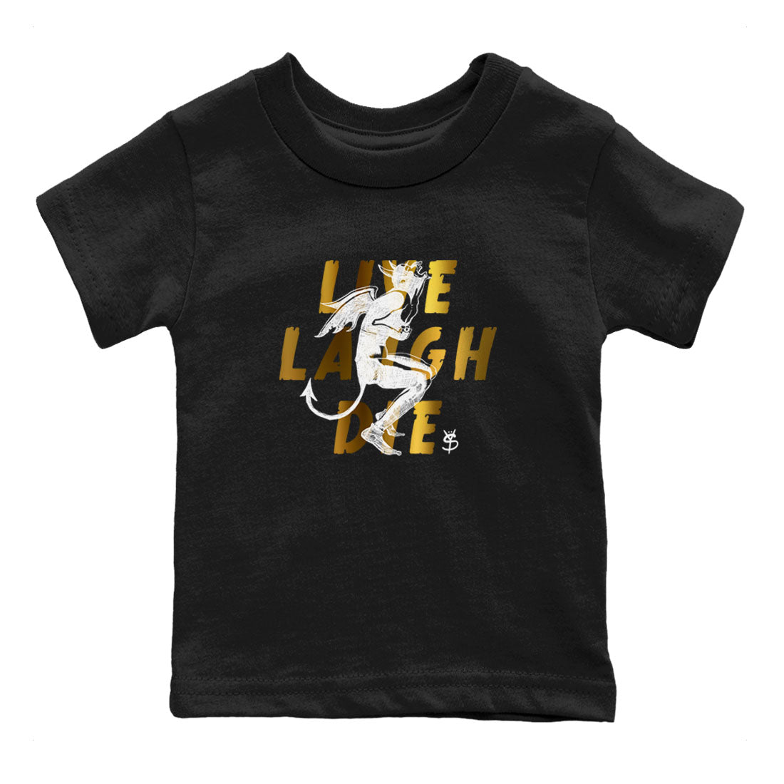 1s Black Metallic Gold shirts to match jordans Laughing Devil unique Halloween sneaker tee Air Jordan 1 Black Metallic Gold SNRT Sneaker Release Tees Youth Baby Black 2 crew neck shirts