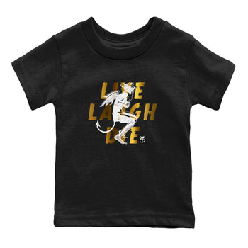 1s Black Metallic Gold shirts to match jordans Laughing Devil unique Halloween sneaker tee Air Jordan 1 Black Metallic Gold SNRT Sneaker Release Tees Youth Baby Black 2 crew neck shirts