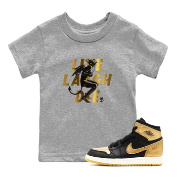 1s Black Metallic Gold shirts to match jordans Laughing Devil unique Halloween sneaker tee Air Jordan 1 Black Metallic Gold SNRT Sneaker Release Tees Youth Baby Heather Grey 1 crew neck shirts